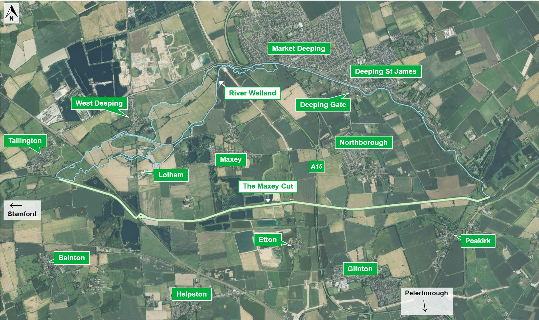 Aerial map showing the location of the Maxey Cut with surrounding towns/villages and the River Welland labelled.