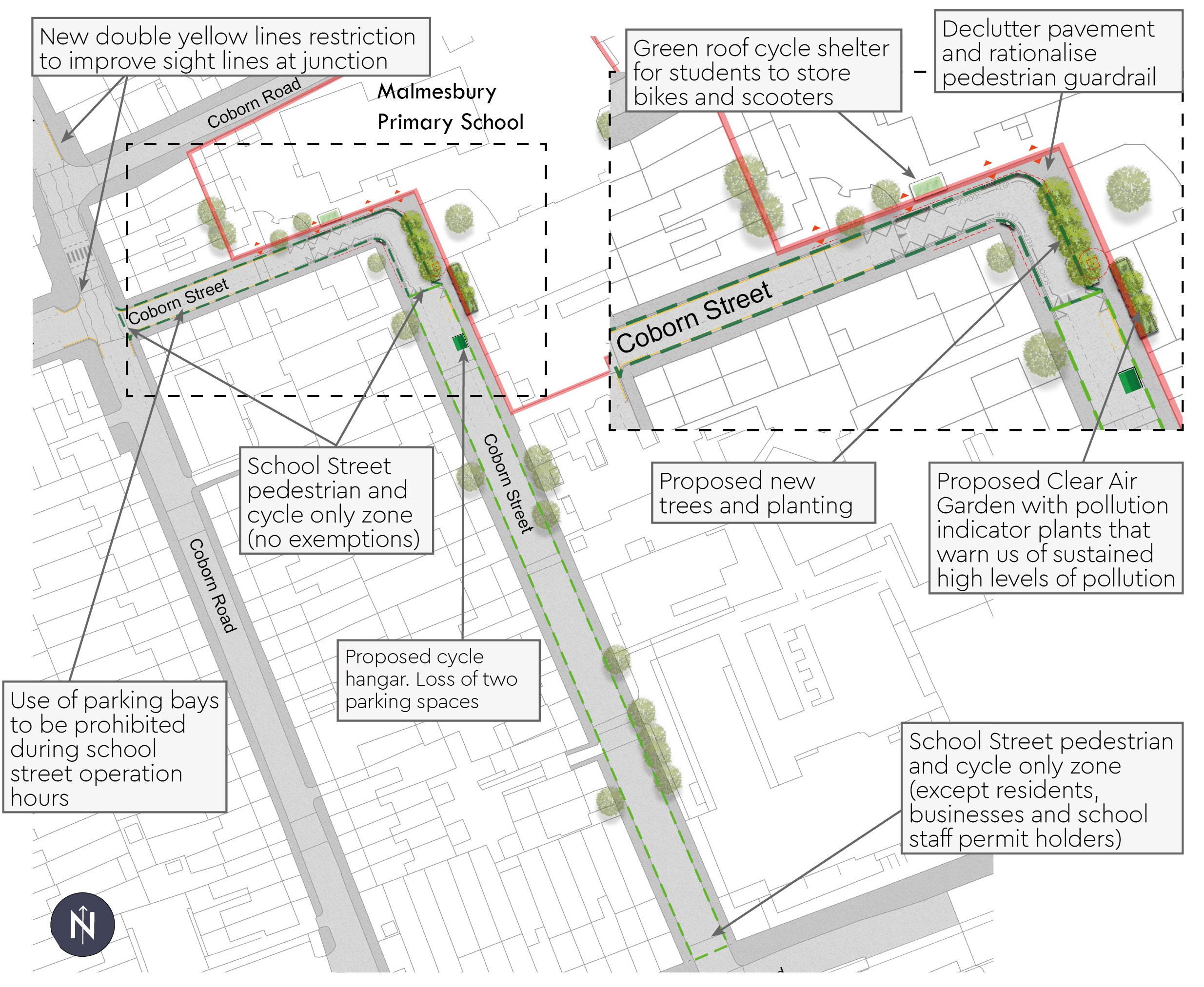 Malmesbury School Street Plan - School Street pedestrian and cycle only zone along Coborn Street (except residents, businesses and school staff permit holders) - Parking bays on Coborn Street prohibited during school street operation hours. - New trees and planting outside of Malmesbury Primary School - Green roof cycle shelter outside of Malmesbury Primary School