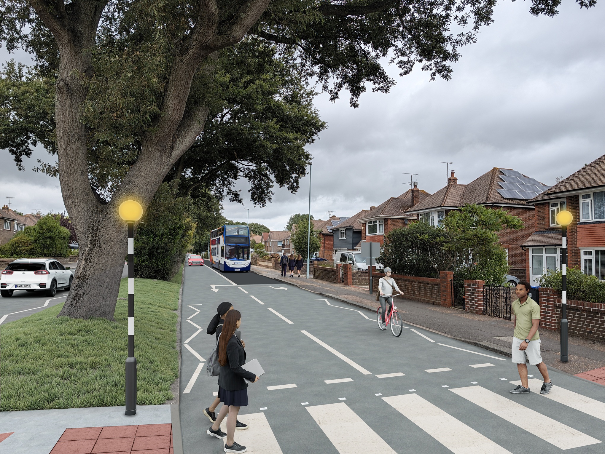 Artists impression showing zebra crossing north of Terringes Avenue/Palatine Road roundabout with pedestrians, southbound left lane bus lane with bus finishing ahead of zebra crossing, an on road cyclist, pedestrians on adjacent footway, and cars in right hand lane.
