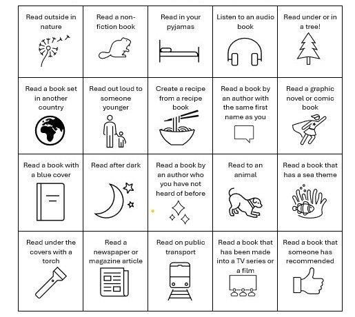 A 5 by 5 grid containing suggested interesting ways to read over the summer, including reading outside,under a tree, in your pyjamas, under the covers with a torch, on public transport, and reading a newspaper, books with a blue cover, that have been recommended by others, that has a sea theme, or that has been made into TV or film, reading to someone younger, to an animal, :