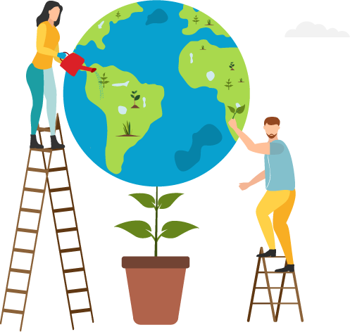 Image of a woman and man on ladders watering a planet earth in a plant pot