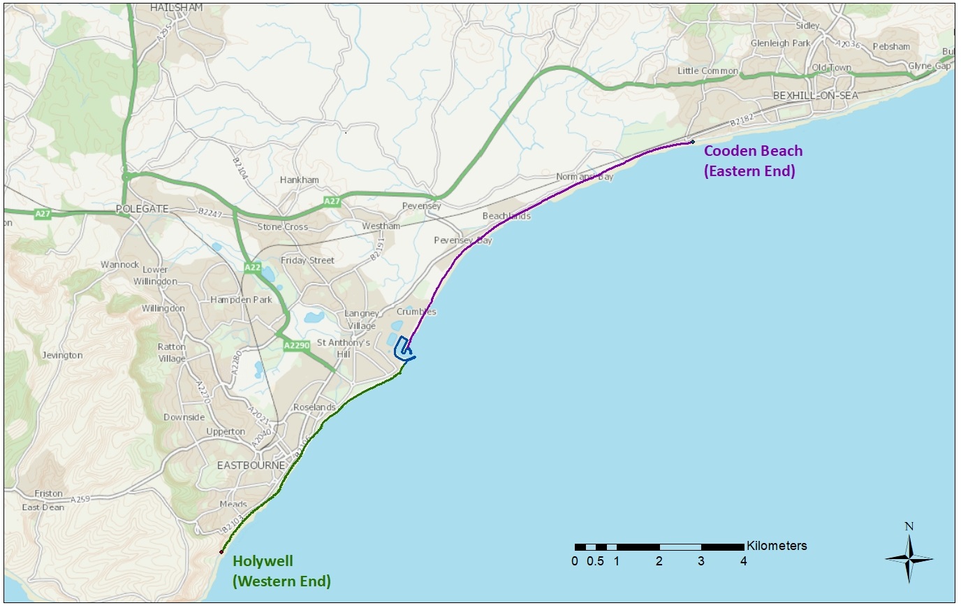 Map showing the 15 kilometre coastline covered by the scheme, from Holywell in Eastbourne to Cooden Beach in Pevensey.
