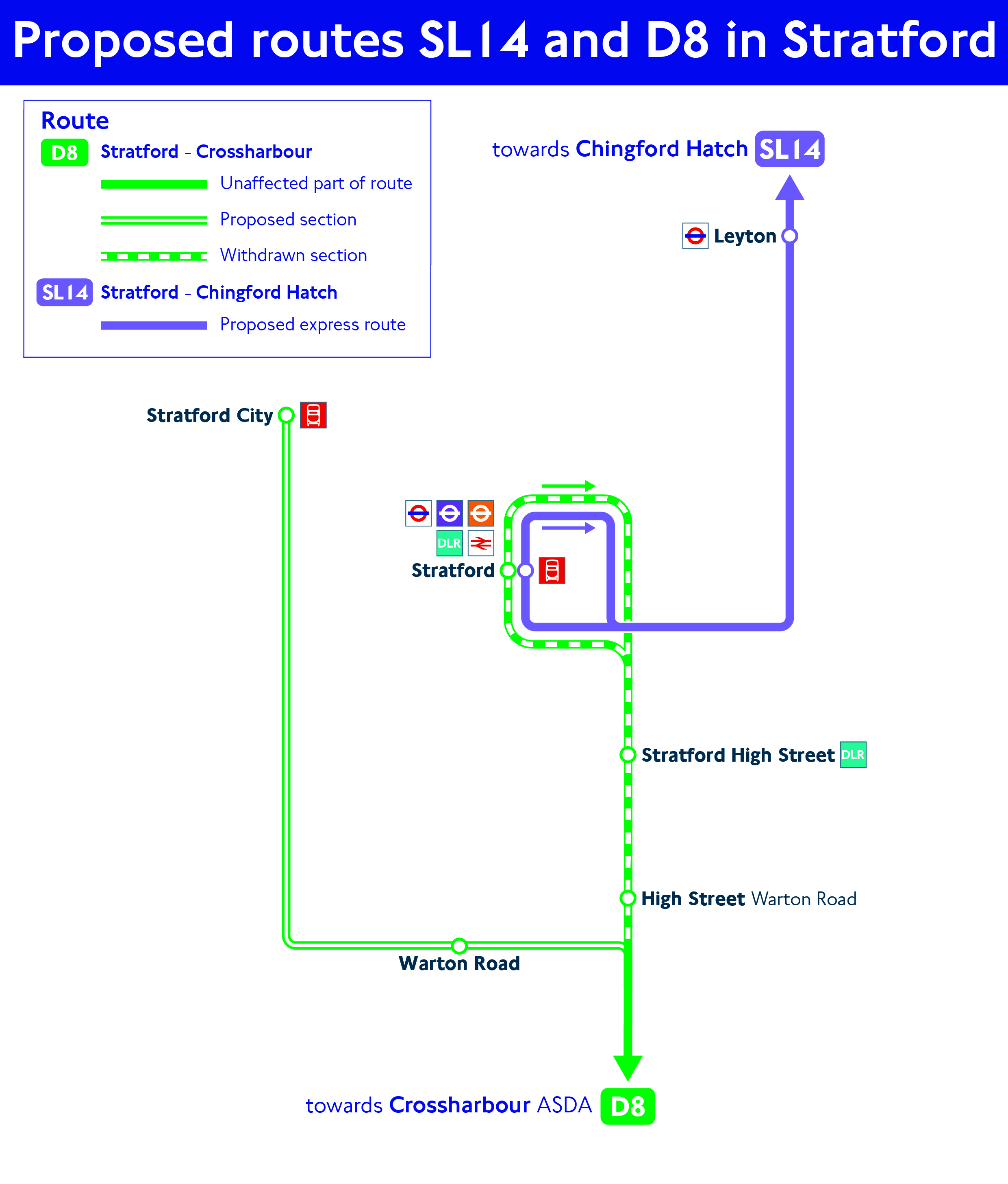Network map of the proposed routes SL14 and D8 in Stratford
