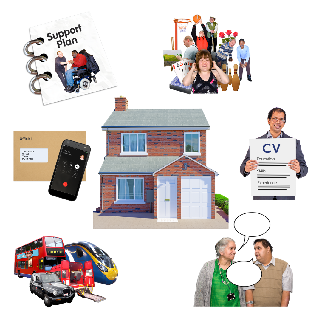 A house with a person holding a CV, two people talking, different types of transport, a phone and envelope and a support plan.