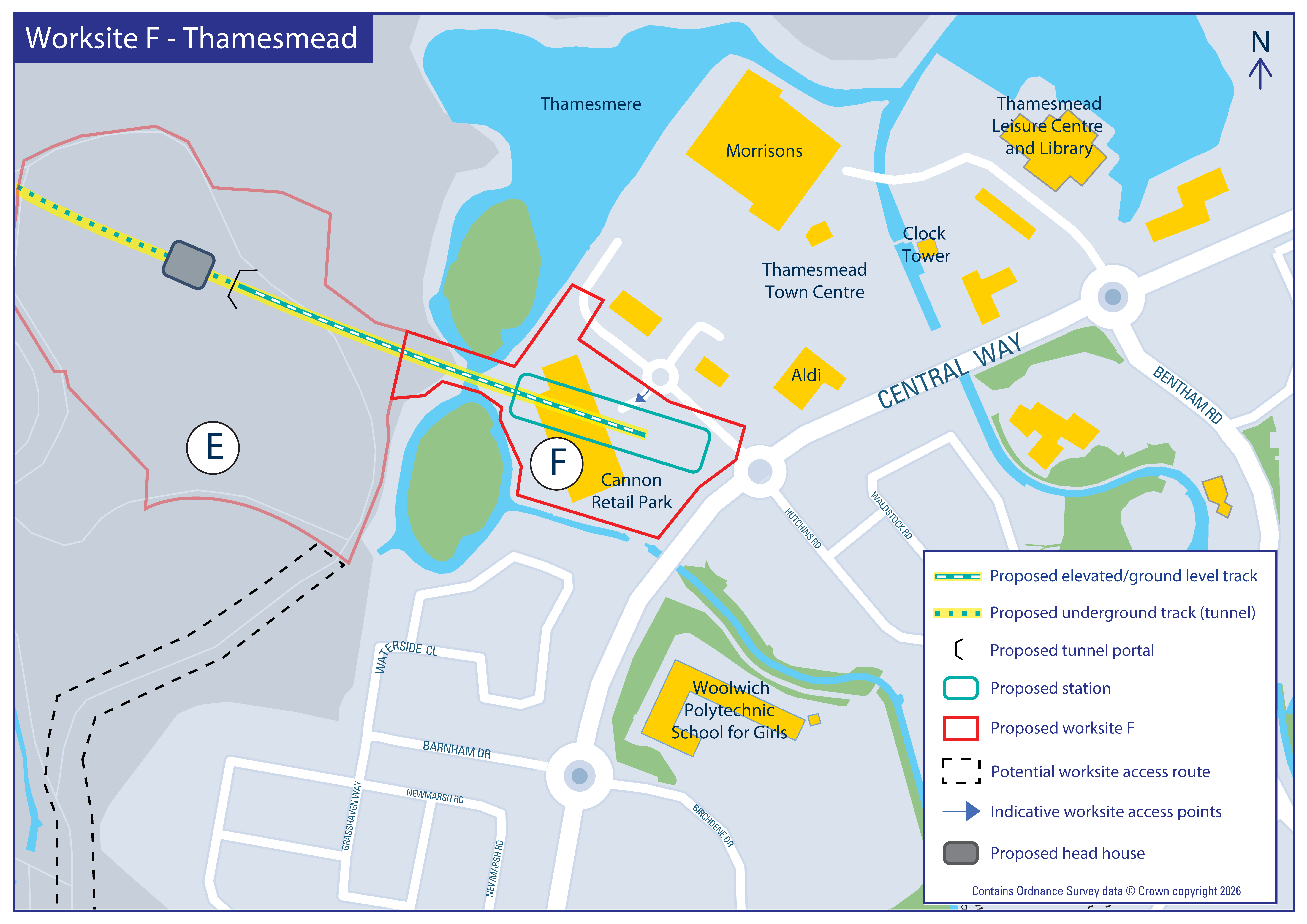 Map showing proposed Worksite F, DLR route, and station near Thamesmead town centre