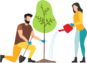 Images shows a cartoon man with a spade and a woman with a watering can planting a tree