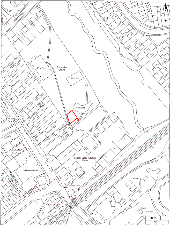 A map to show the proposal area. A small square area outlined in red at the bottom left corner of the park, near to the skate park. 