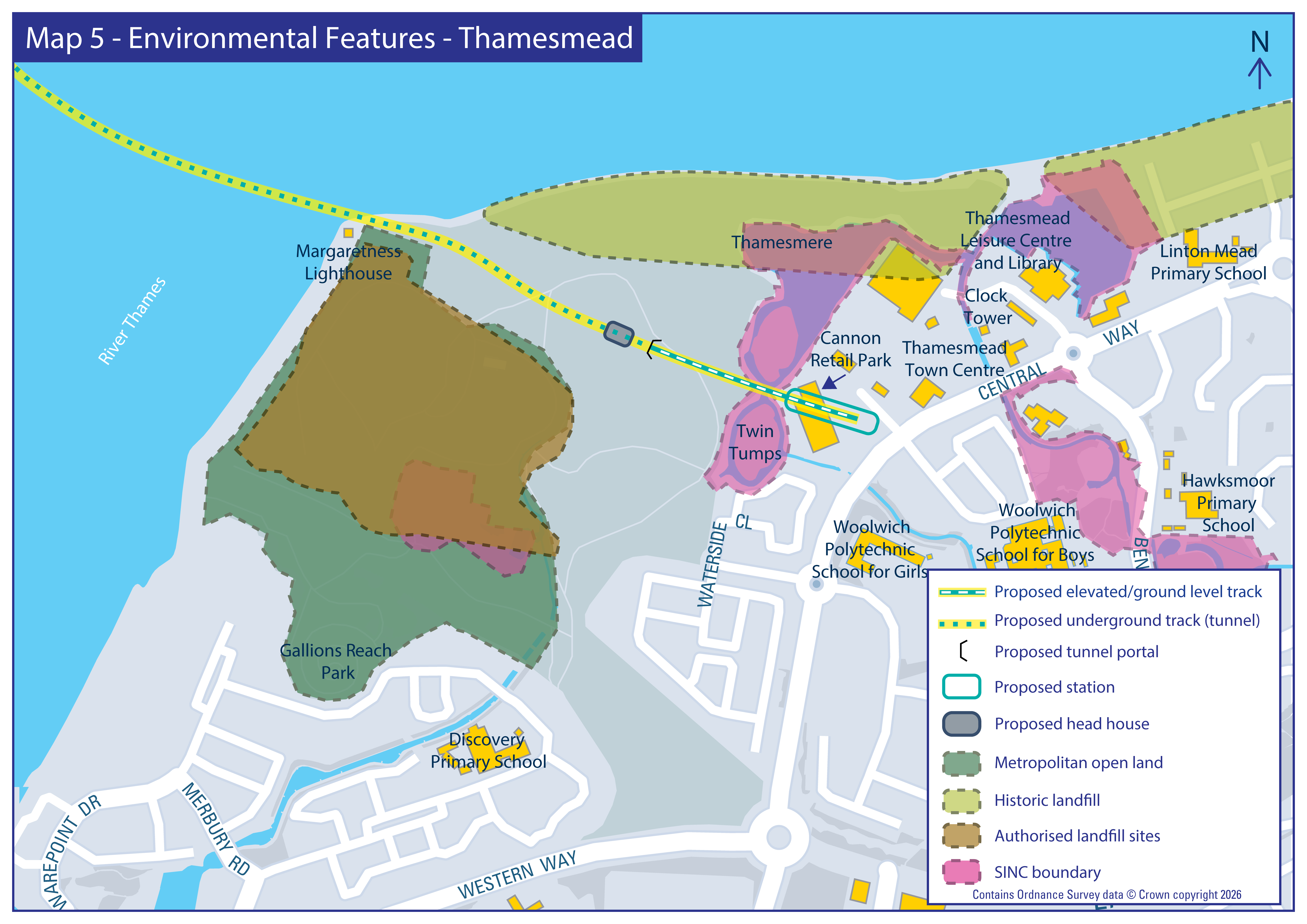 Map showing environmental features and DLR route in Thamesmead