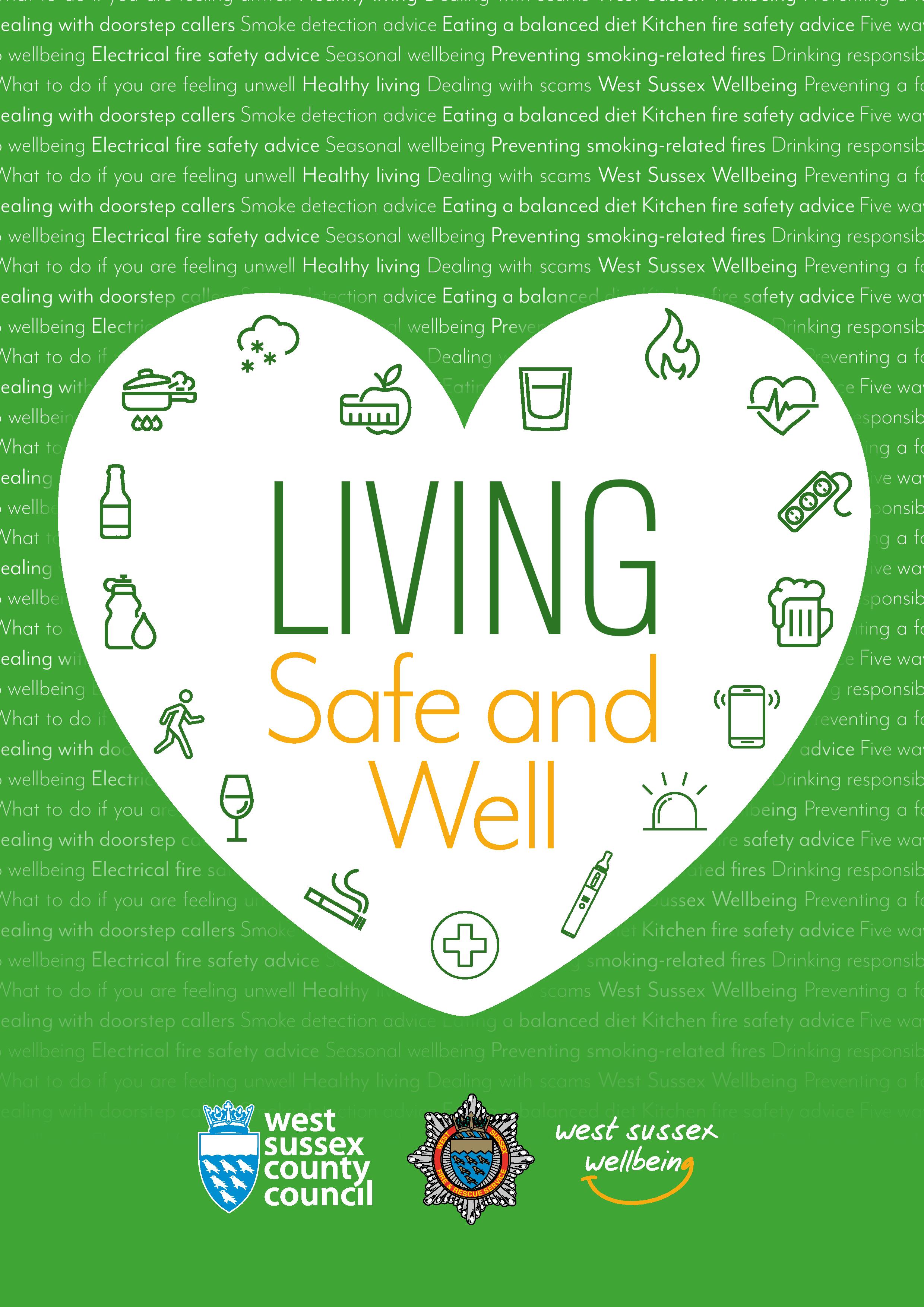 Living Safe and Well, West Sussex County Council logo and West Sussex Fire and Rescue Service booklet