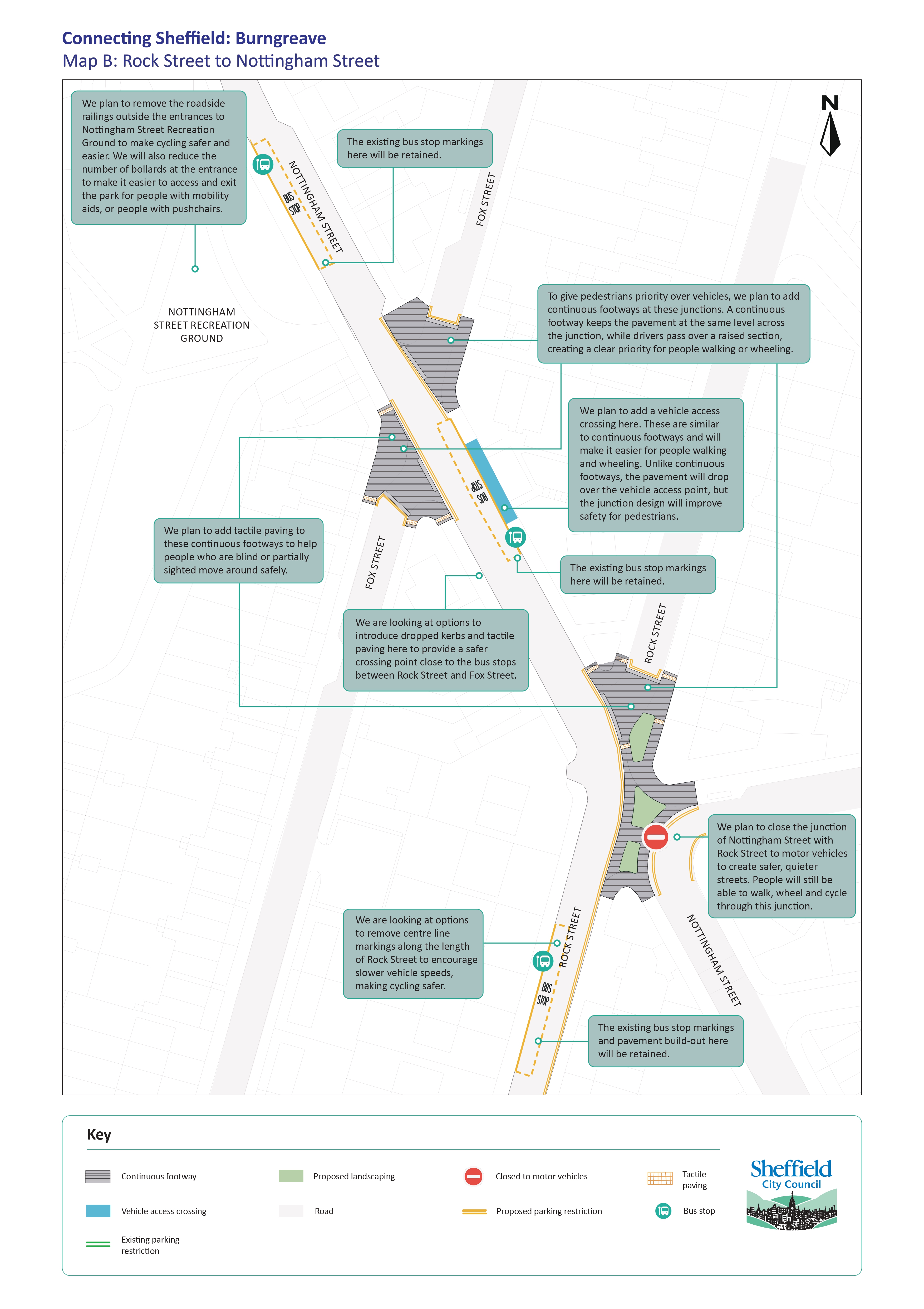 Map showing locations of continuous footways, bus stop improvements, parking restrictions, junction closures and vehicle access crossings proposed from Nottingham Street to Rock Street