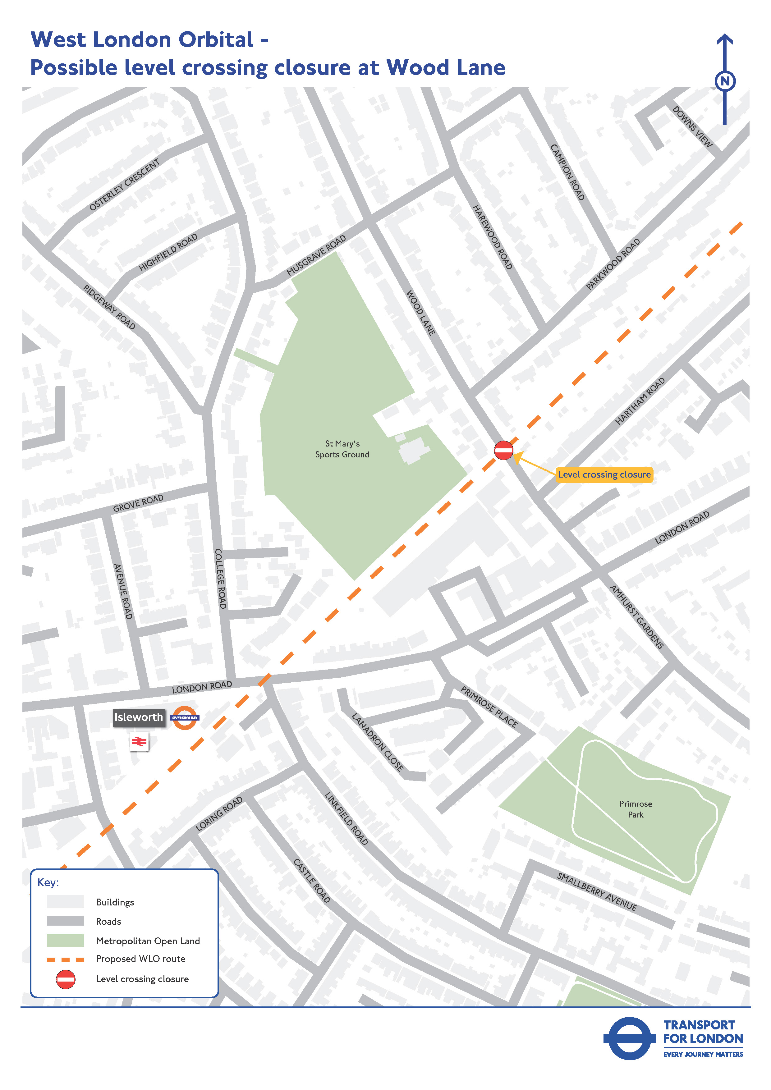 Map showing location of possible level crossing closure at Wood Lane