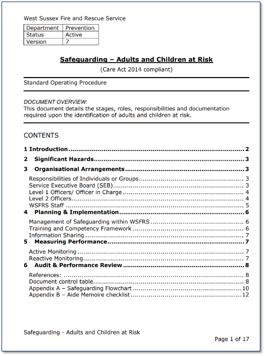 A view of the front page of the fire service safeguarding standard operating procedure