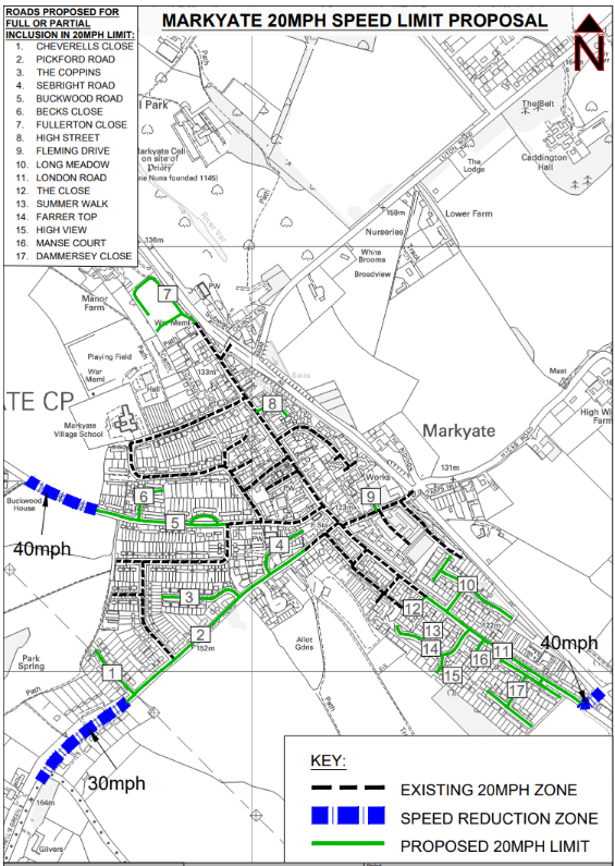 Map of proposed 20mph limits in Markyate