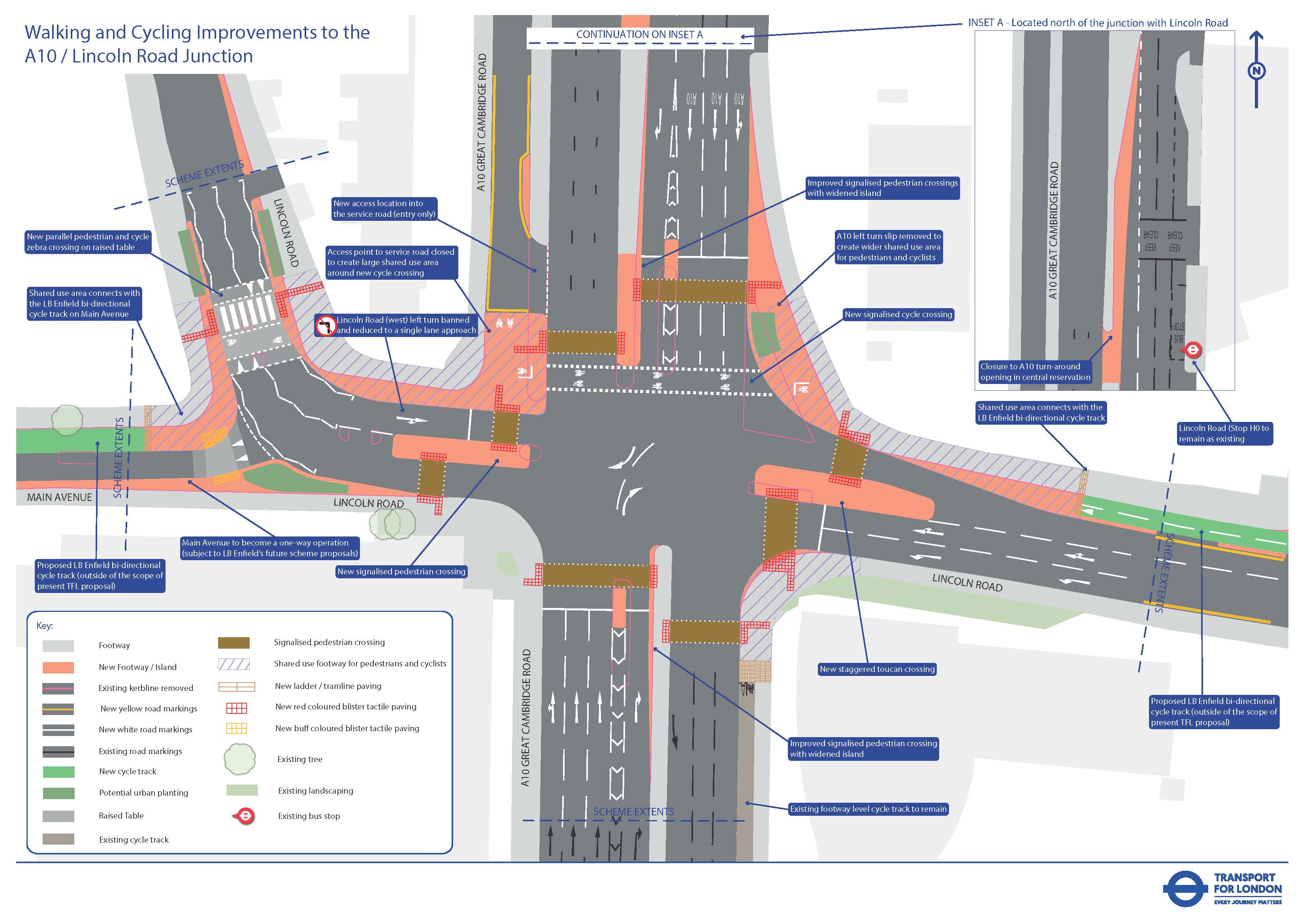 A map showing proposed walking and cycling improvements at the A10 and Lincoln Road junction, including new crossings, widened pavements, cycle lanes, and revised road markings