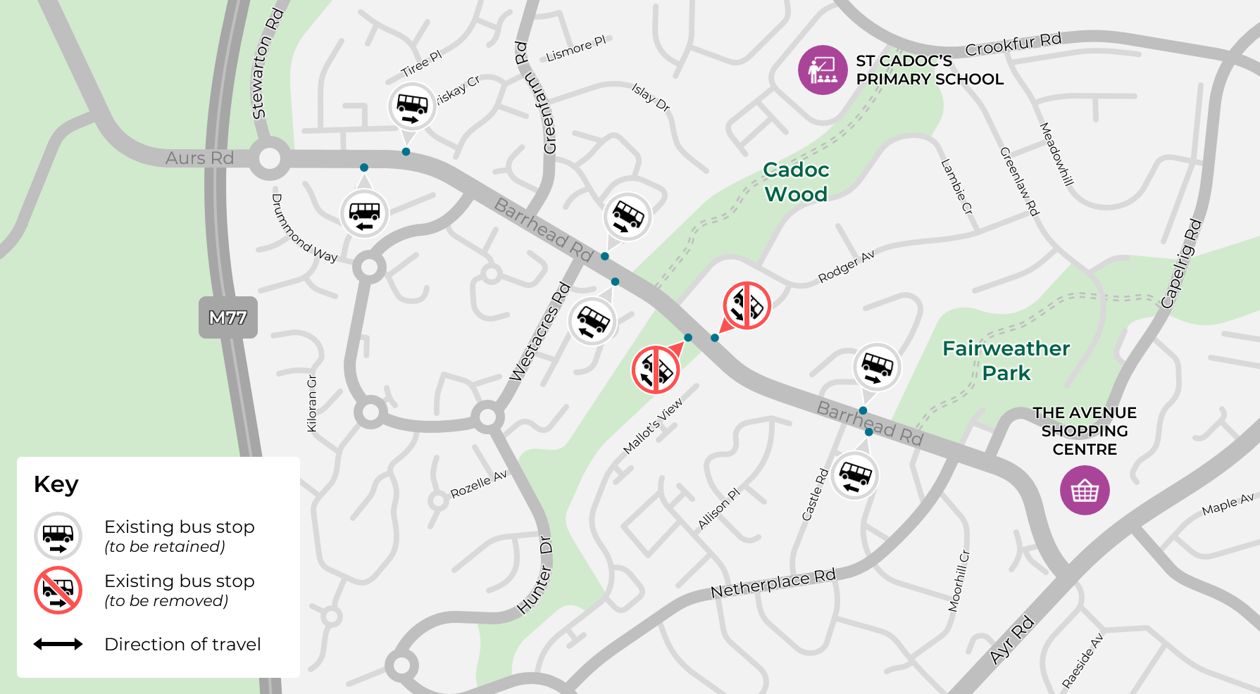 A map showing proposed bus stop locations.