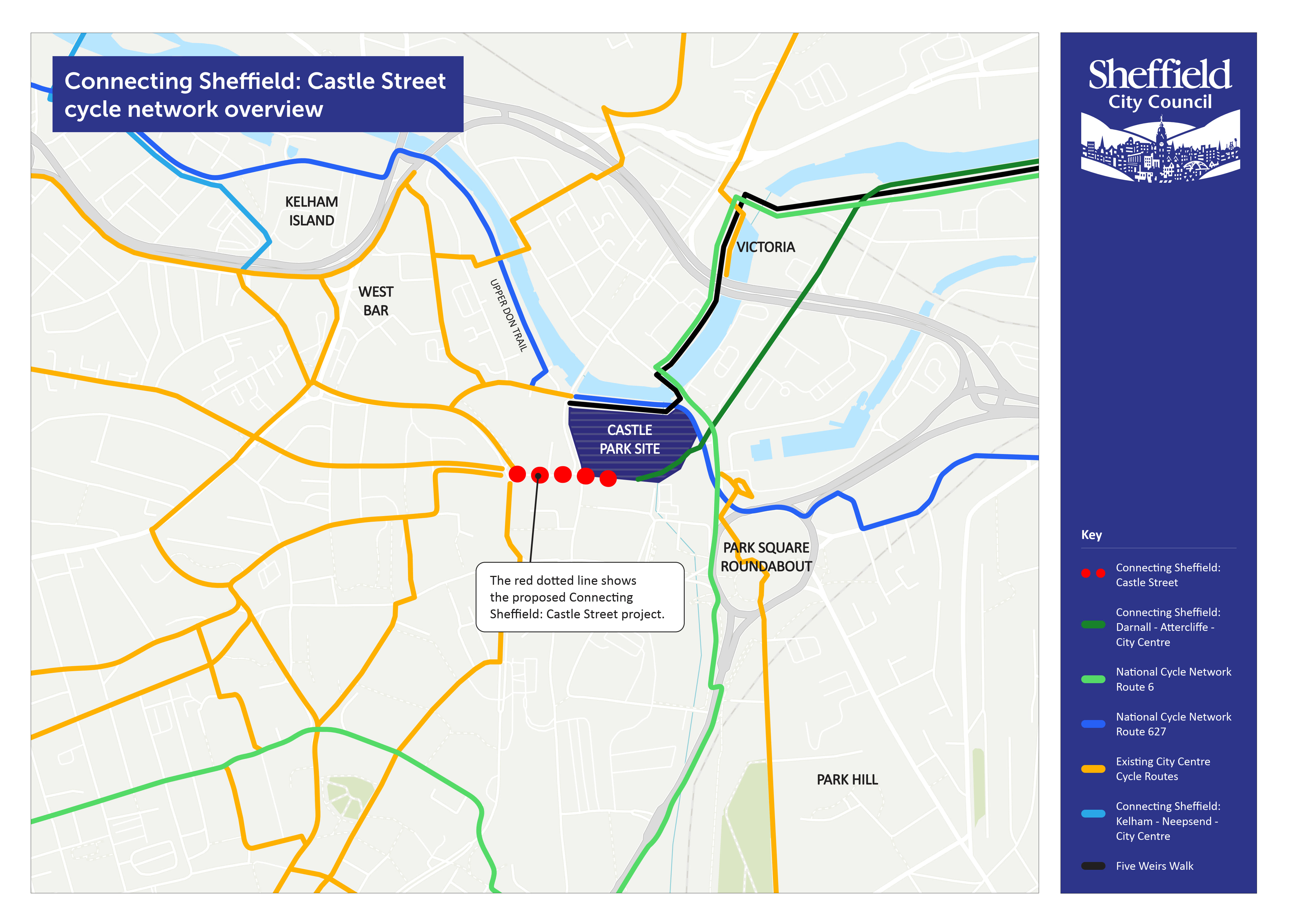 This map shows how Castle Street fits into the local, city centre cycle network. The east to west route will connect Grey to Green Castlegate to Bank Street and onwards to the University of Sheffield, Hospitals and Fargate. Existing connections nearby include the Upper Don Trail, Five Weirs Walk and National Cycle Network routes 627 and 6.