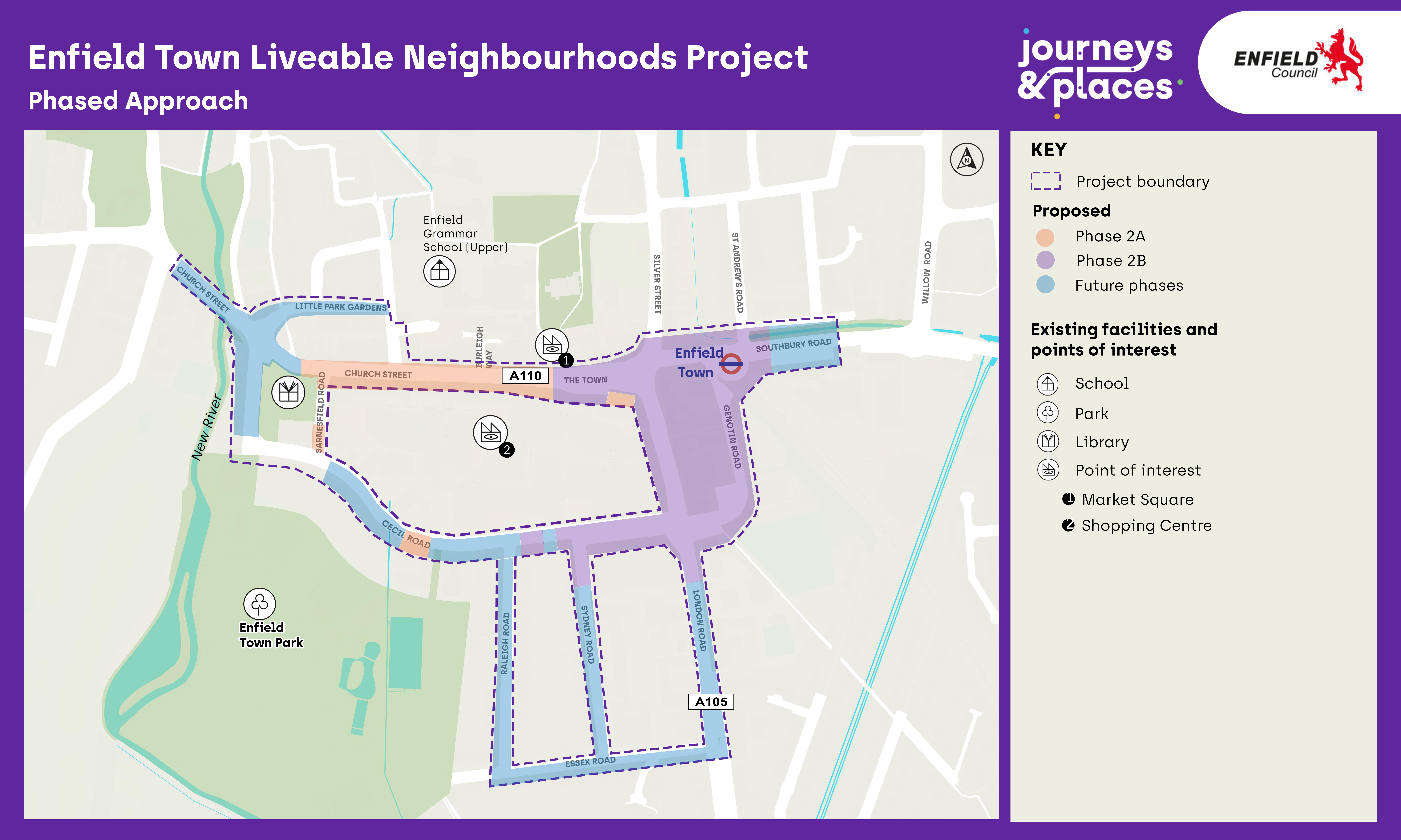 Map showing the phases of the Enfield Town Liveable Neighbourhood project, highlighting the current construction phase