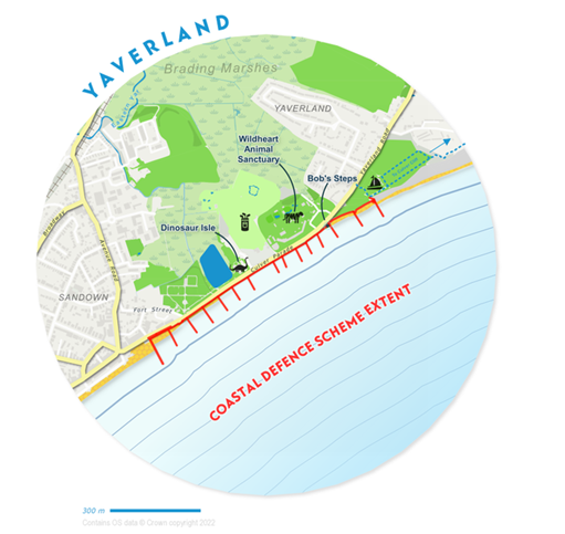 A map to show the extent of the scheme from Yaverland Beach Car Park to the junction of Crescent Road and Culver Parade.