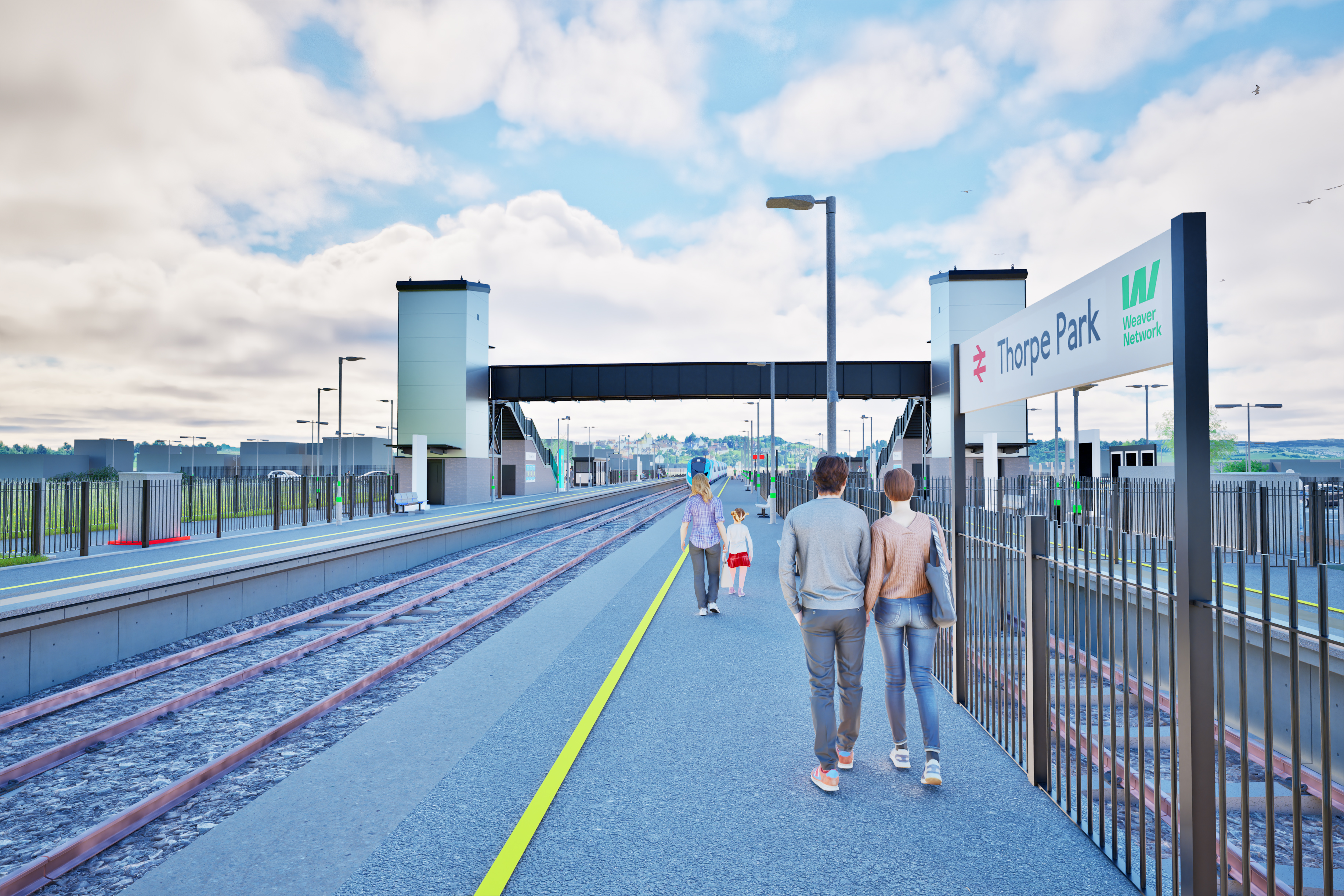 A CGI visualisation, (for illustration purposes only) a view down the platform at our new Thorpe Park rail station