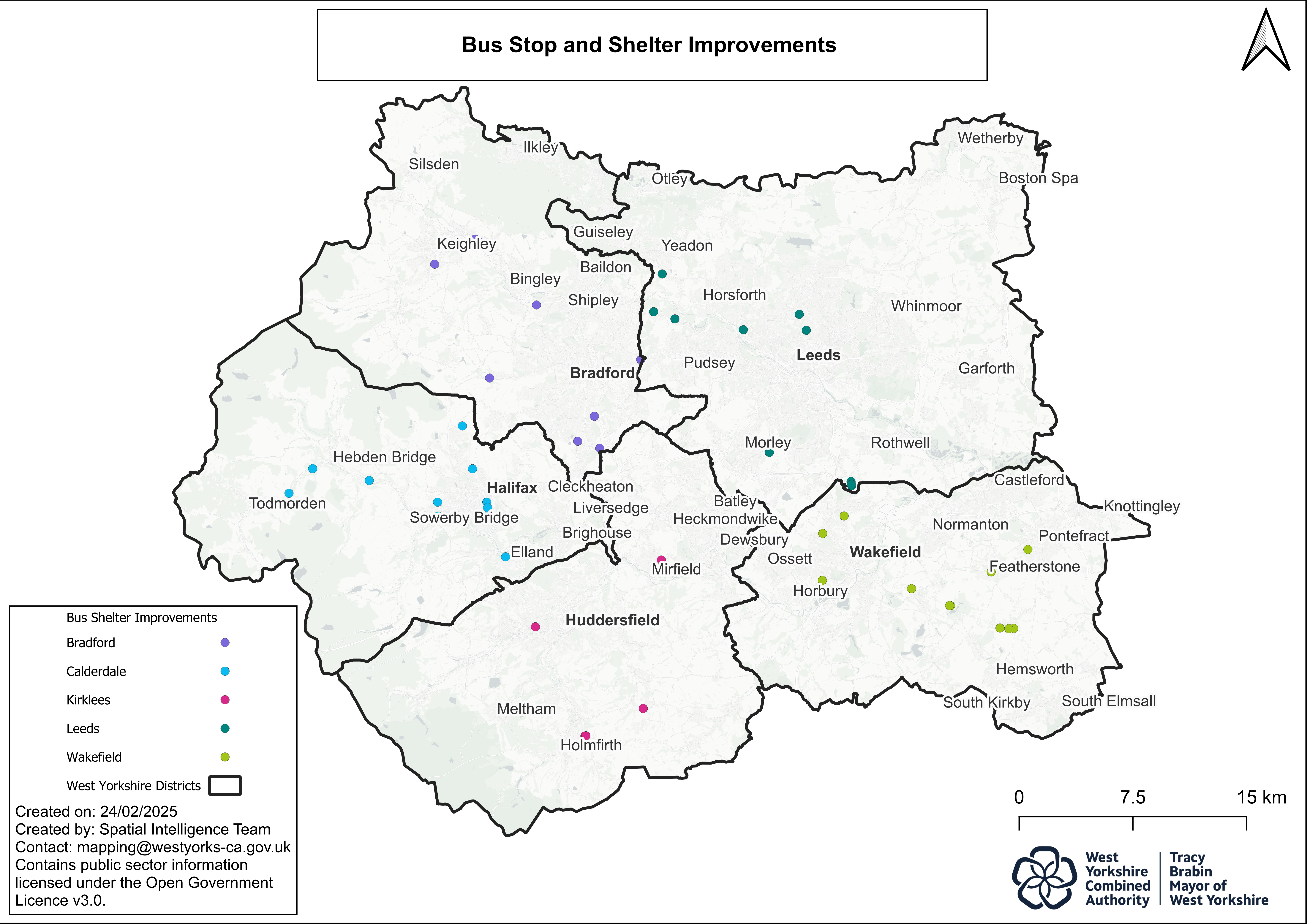 A map of West Yorkshire showing the locations of bus shelters to be replaced