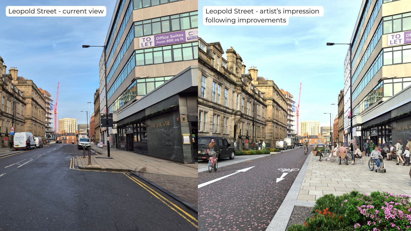 Image shows the current view of Leopold Street looking towards Townhead Street on the left, with double yellow lines on the road, bollards and vans parked in the loading bays. The image on the right shows an artist's impression of how Leopold Street could look following improvements with a taxi in the rank to the left, people cyclin on the road and people sitting at tables on the pavement