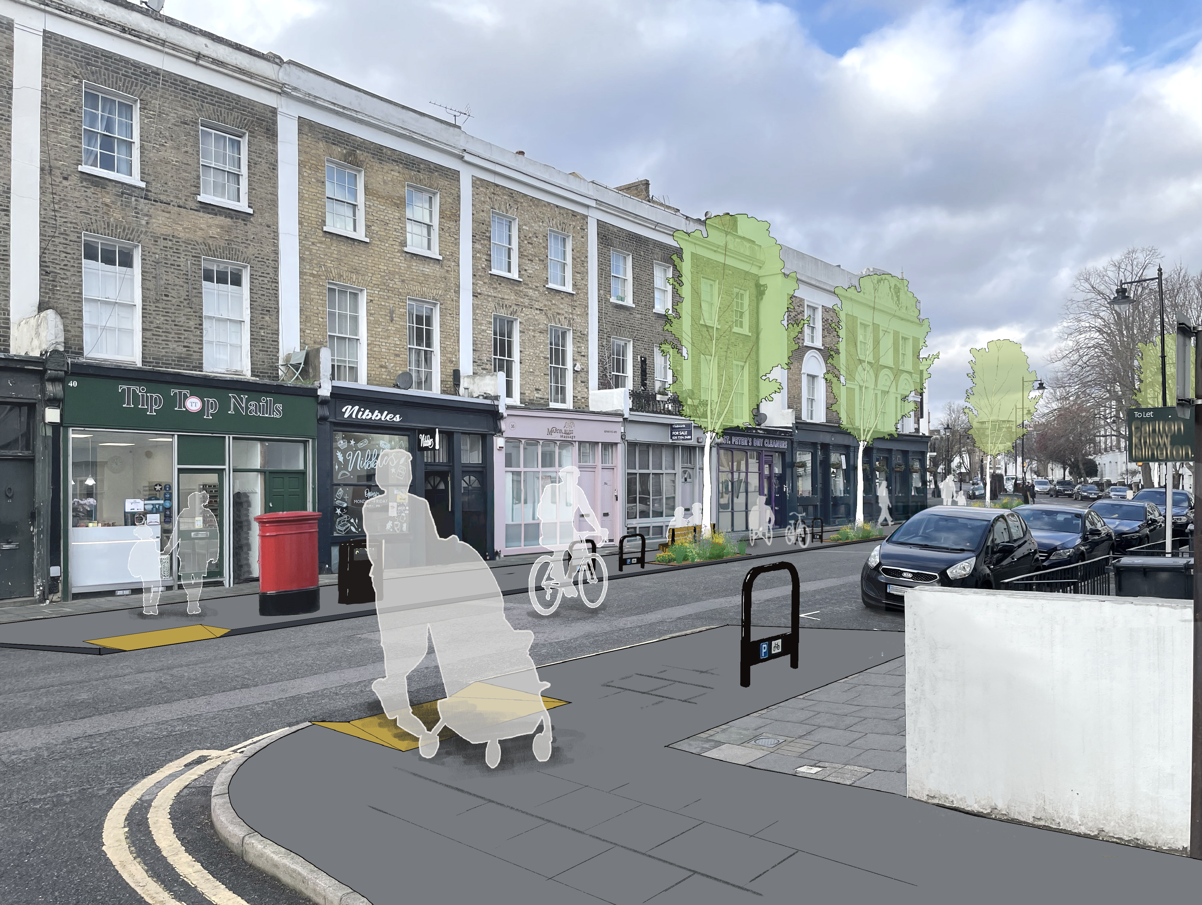  An artist's impression showing how the proposed improvements could look for this section of St Peter's Street (view looking towards Rheidol Terrace junction from Allingham Street)
