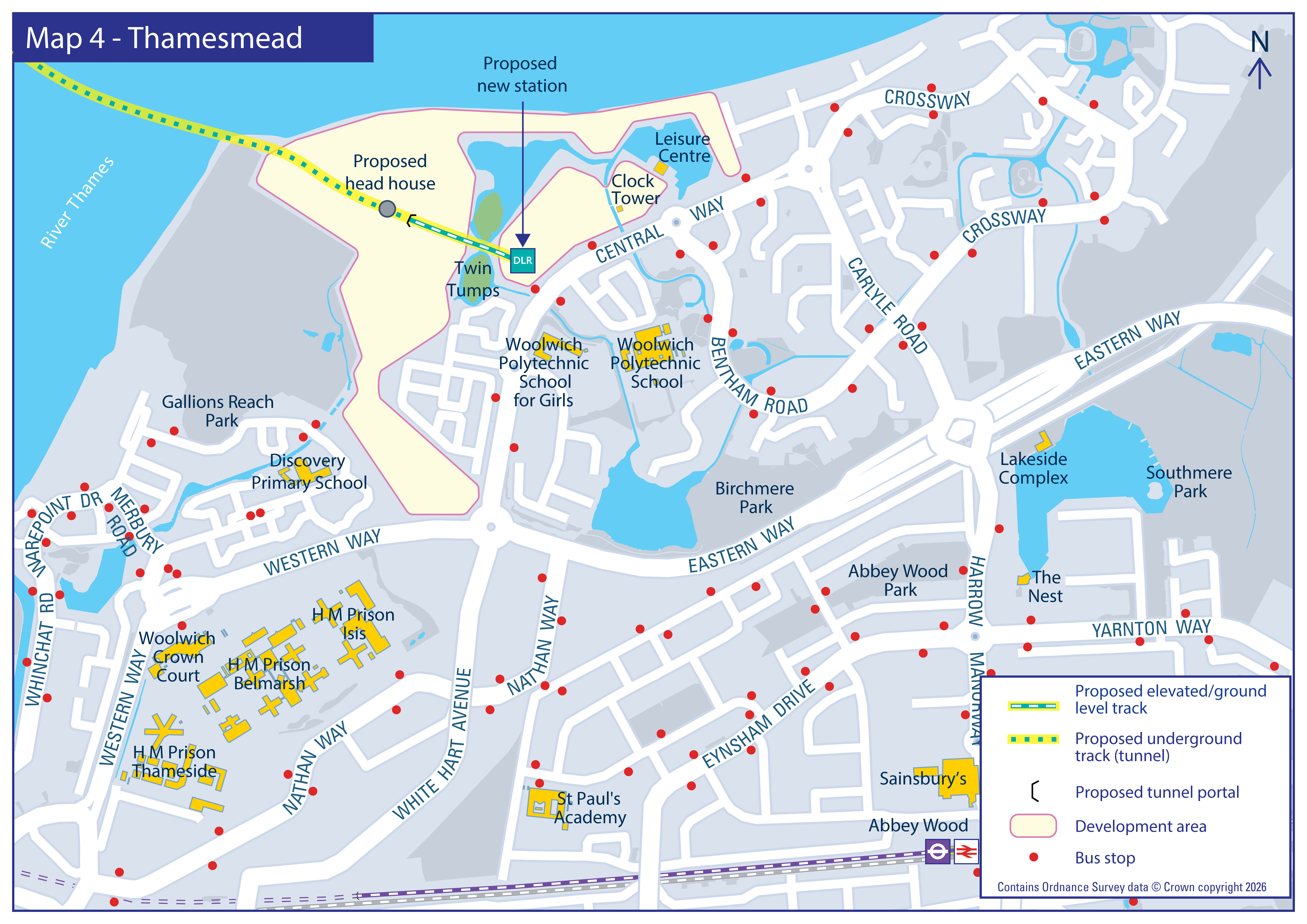 Map of Thamesmead showing proposed DLR extension, new station near Central Way, and route under the River Thames