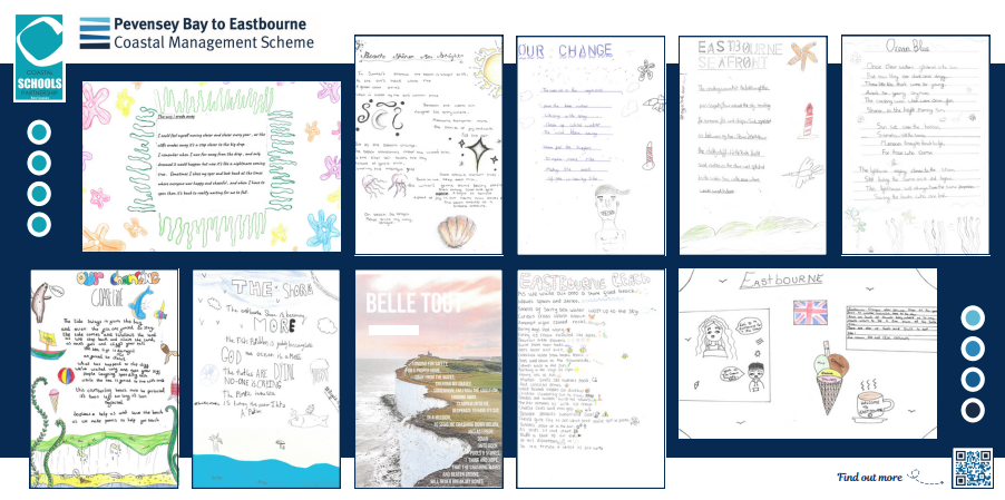 Display board showing student artwork created for a World Ocean Day project. The board includes various examples of drawings and creative writing.