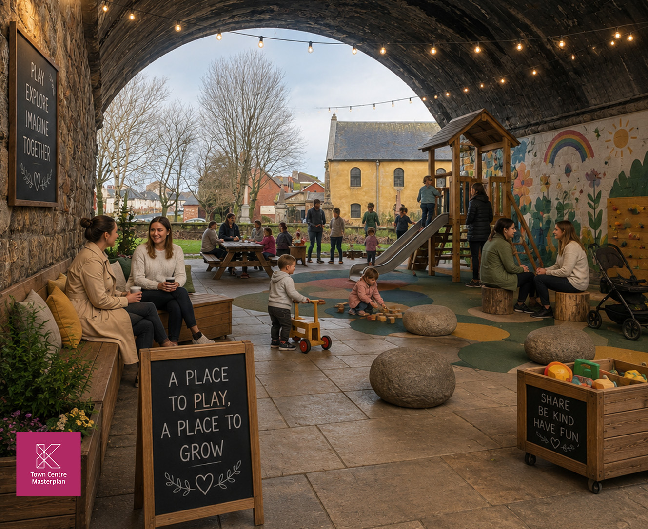 Childs Play at areas beneath the viaduct in Kilmarnock. An A board says "A place to plat, a place to grow". There is a box of toys that says "Share be Kind. Have Fund"
