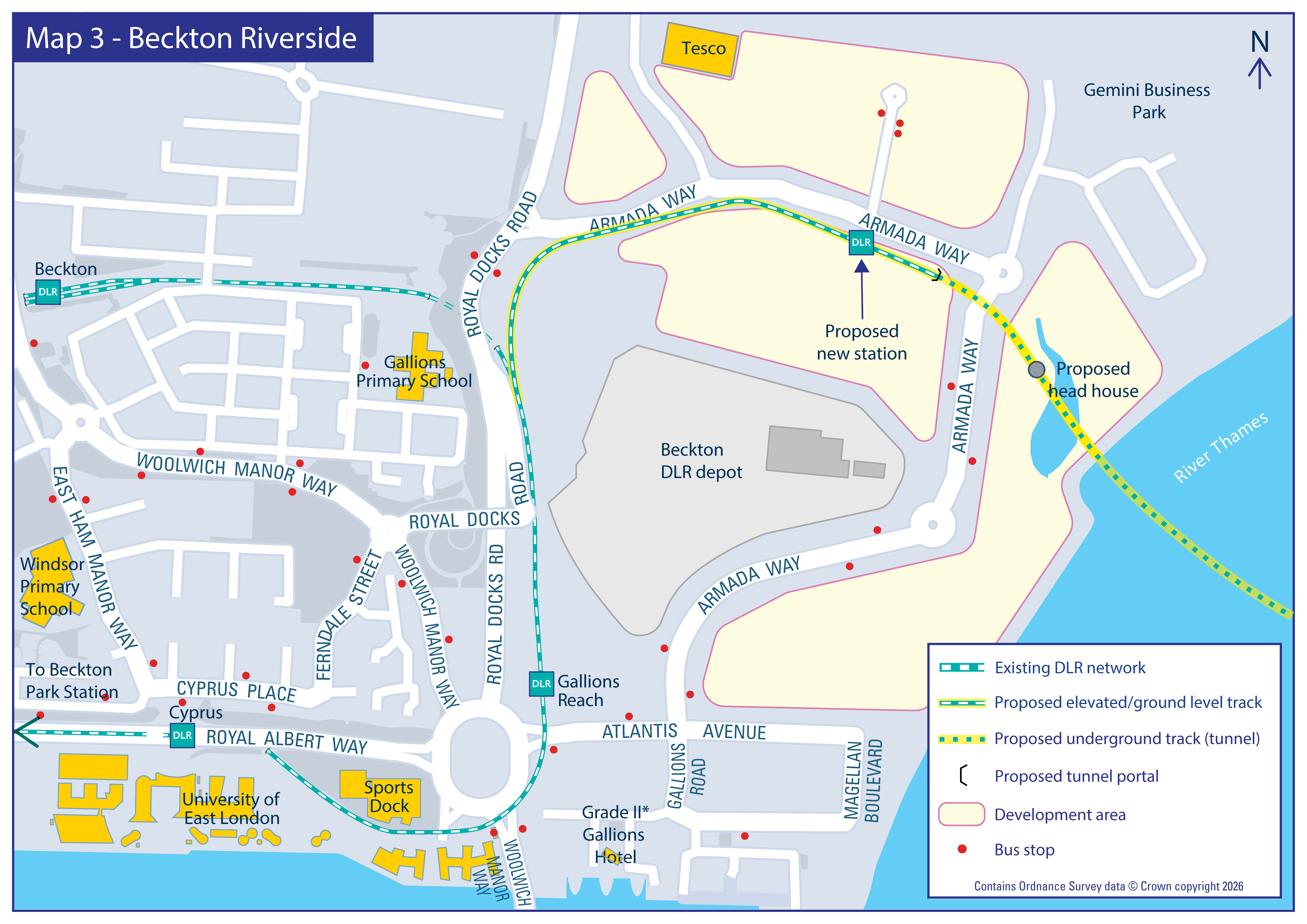 Map of Beckton Riverside showing proposed DLR route, new station, and development areas