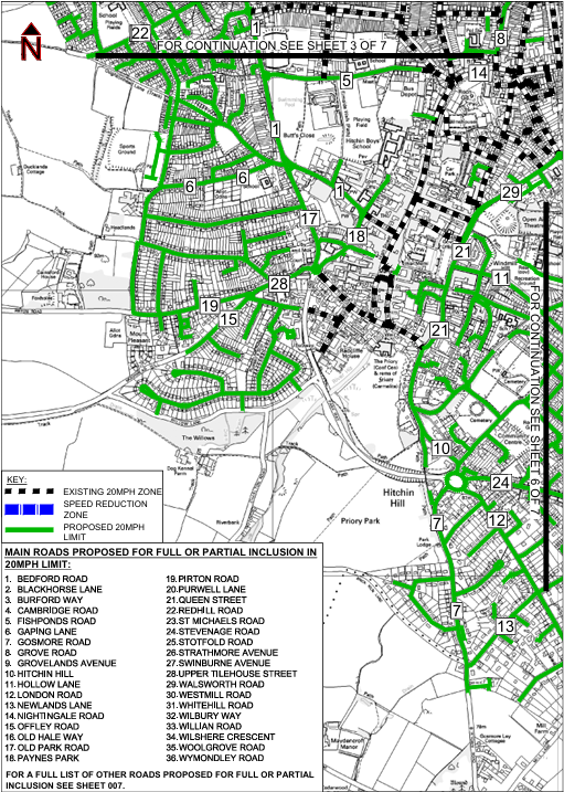 Map showing the 20mph speed limit proposal in South West Hitchin 