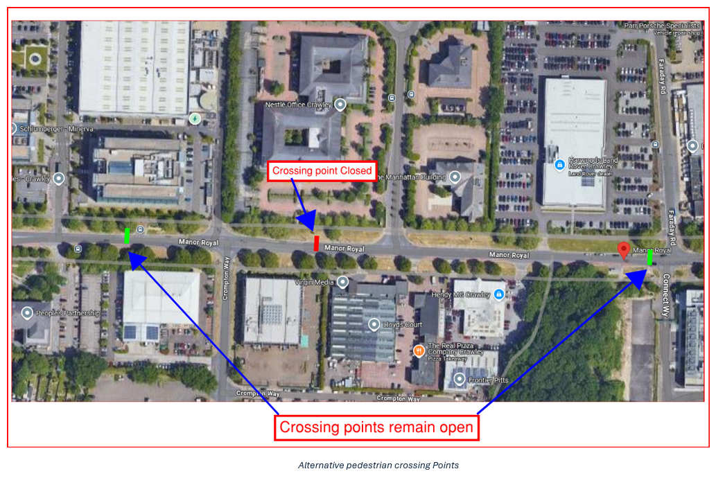 Ariel photograph of Manor Royal Road showing where two crossing point remain open.