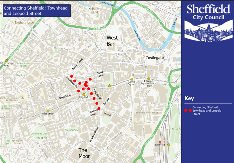 A map showing a wide view of Sheffield City Centre. The map highlights Townhead Street, Leopold Street, Campo Lane and Pinfold Street.