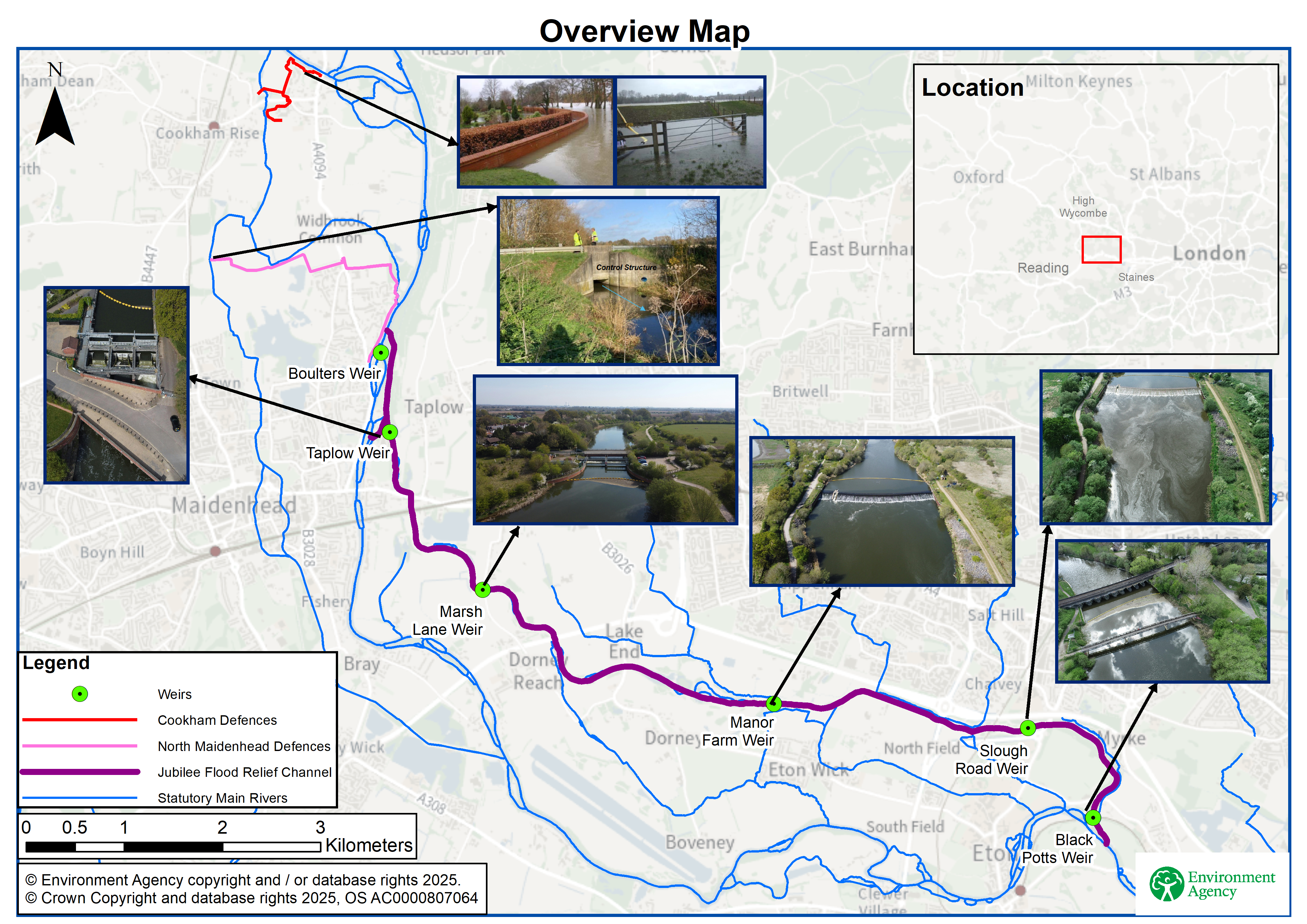 A map showcasing the Jubilee Flood Relief Channel (in purple), Statutory main rivers (in blue), relevant weirs (as green circles with black dots in the middle), the North Maidenhead Defences (in pink), and the Cookham Defences (in red). The Weirs are Labelled and include, in order from top to bottom: Boulters weir, Taplow weir, Marsh Lane weir, Manor Farm weir, Slough Road weir, and Black Potts weir. There are example photographs of Taplow Weir, Marsh Lane Weir, Manor Farm, Weir, Slough Road Weir, and Black Potts Weir. There are also 2 photographs of Cookham Defences and 1 photo of a control structure in North Maidenhead Defences. A red square is shown on an inset map in the top right to illustrate the location of the Jubilee Flood Relief Channel in relation to London, Oxford, and other areas. A scale bar and North arrow are included. Map copyright information: © Environment Agency copyright and / or database rights 2025. © Crown Copyright and database rights 2025, OS AC0000807064