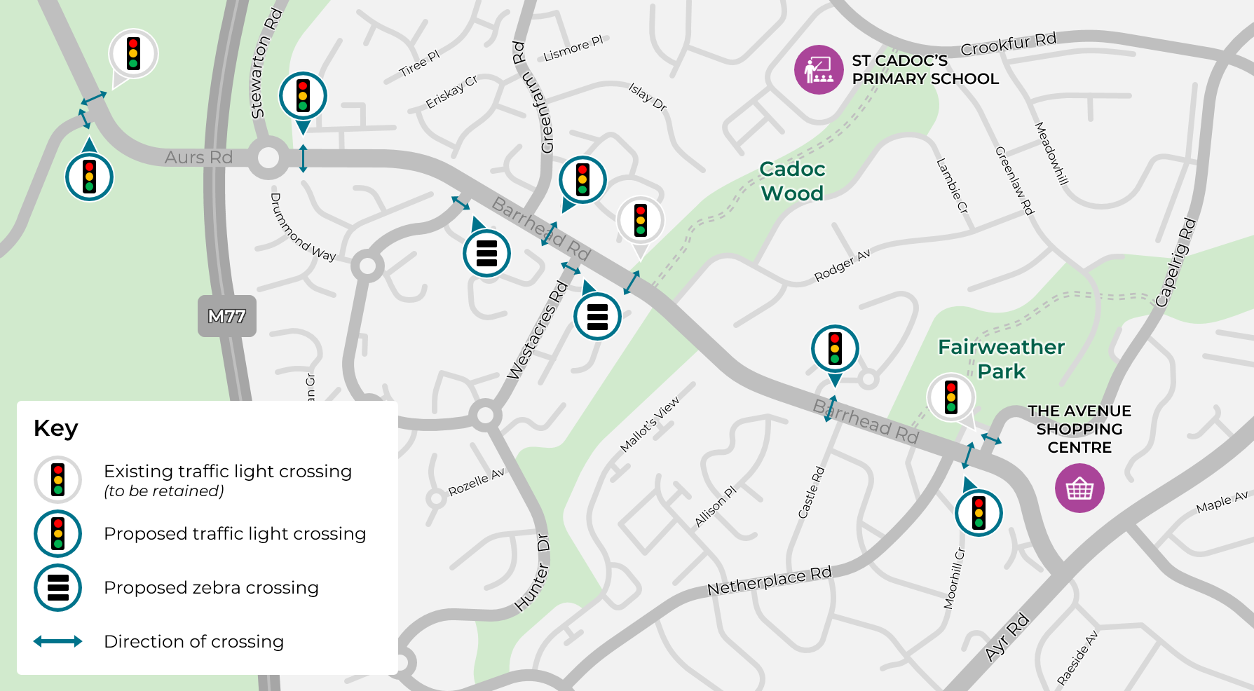 A map showing proposed crossing locations. New traffic light crossings on Barrhead Road are proposed near Stewarton Road, Greenfarm Road, Castle Road, and Capelrig Road. New zebra crossings are proposed on Westacres Road near Barrhead Road.