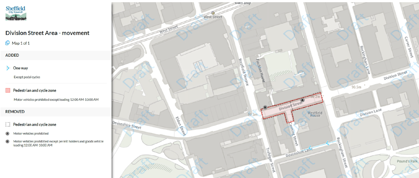 Map showing the proposed extent of the pedestrian and cycle zone at Division Street and Canning Street. Division Street is shaded red between Westfield Terrace and Rockingham Street, with a section of Canning Street shaded red too