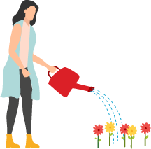 Image shows a cartoon woman watering plants with a red watering can