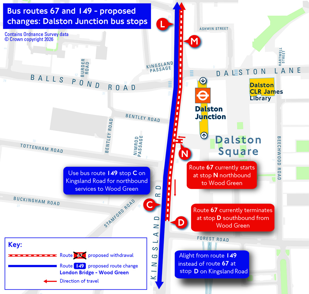Map showing bus stop locations at Dalston Junction