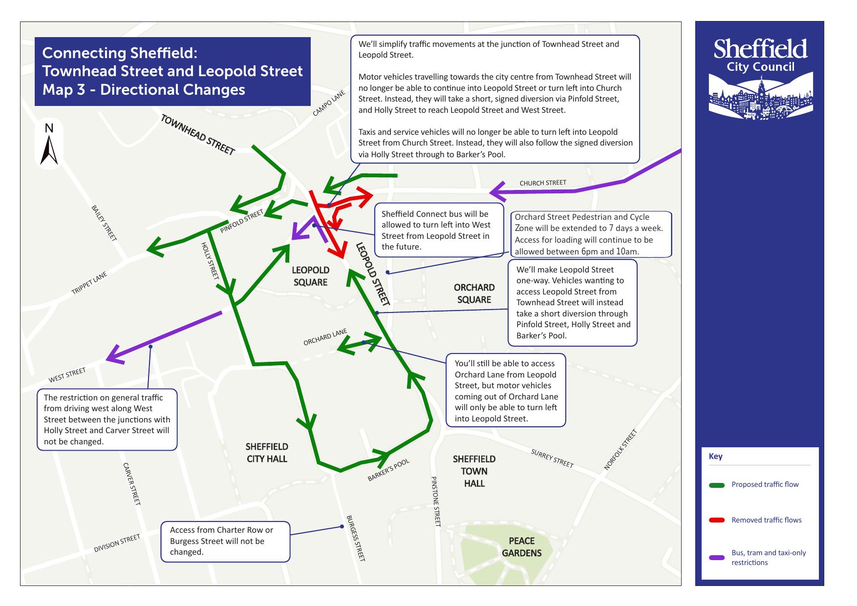 Image shows a map of proposed new vehicle movements around Leopold Street and the junction with Townhead Strfeet, Leopold Street, West Street and Church Street