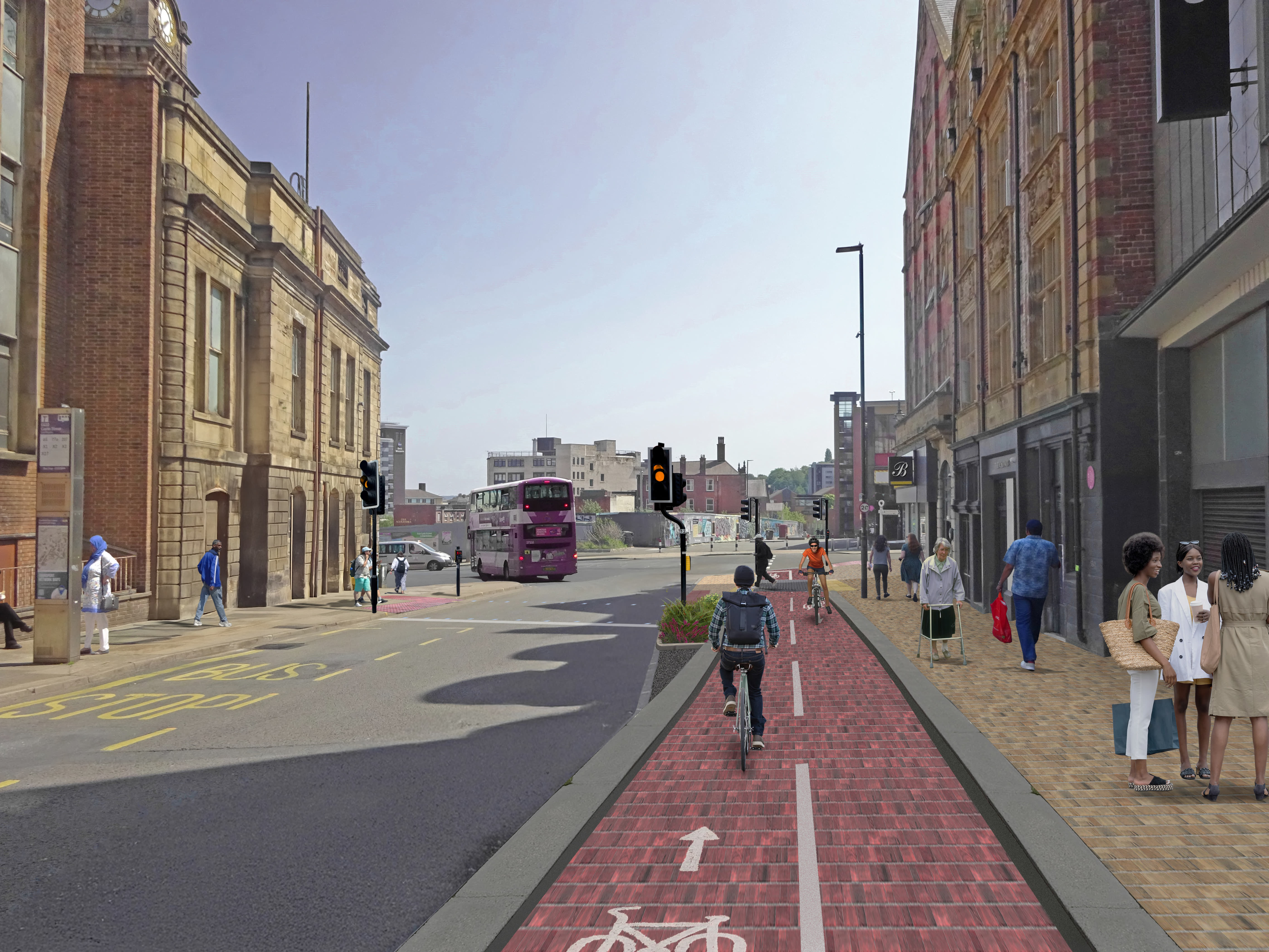 An artist's impression of a city centre street. People are walking on the footway, using the red brick cycle route and waiting at traffic lights to cross the road. A bus can be seen in the distance and blue sky is overhead.