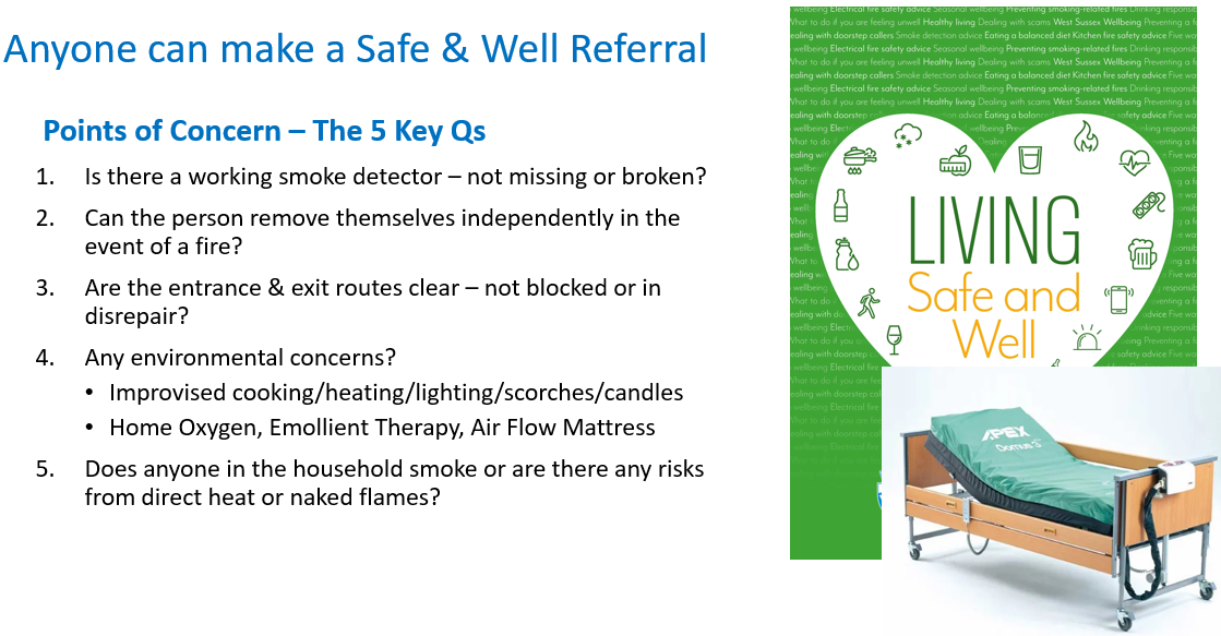 A picture showing living safe and well booklet and a list the 5 main point to consider a referral