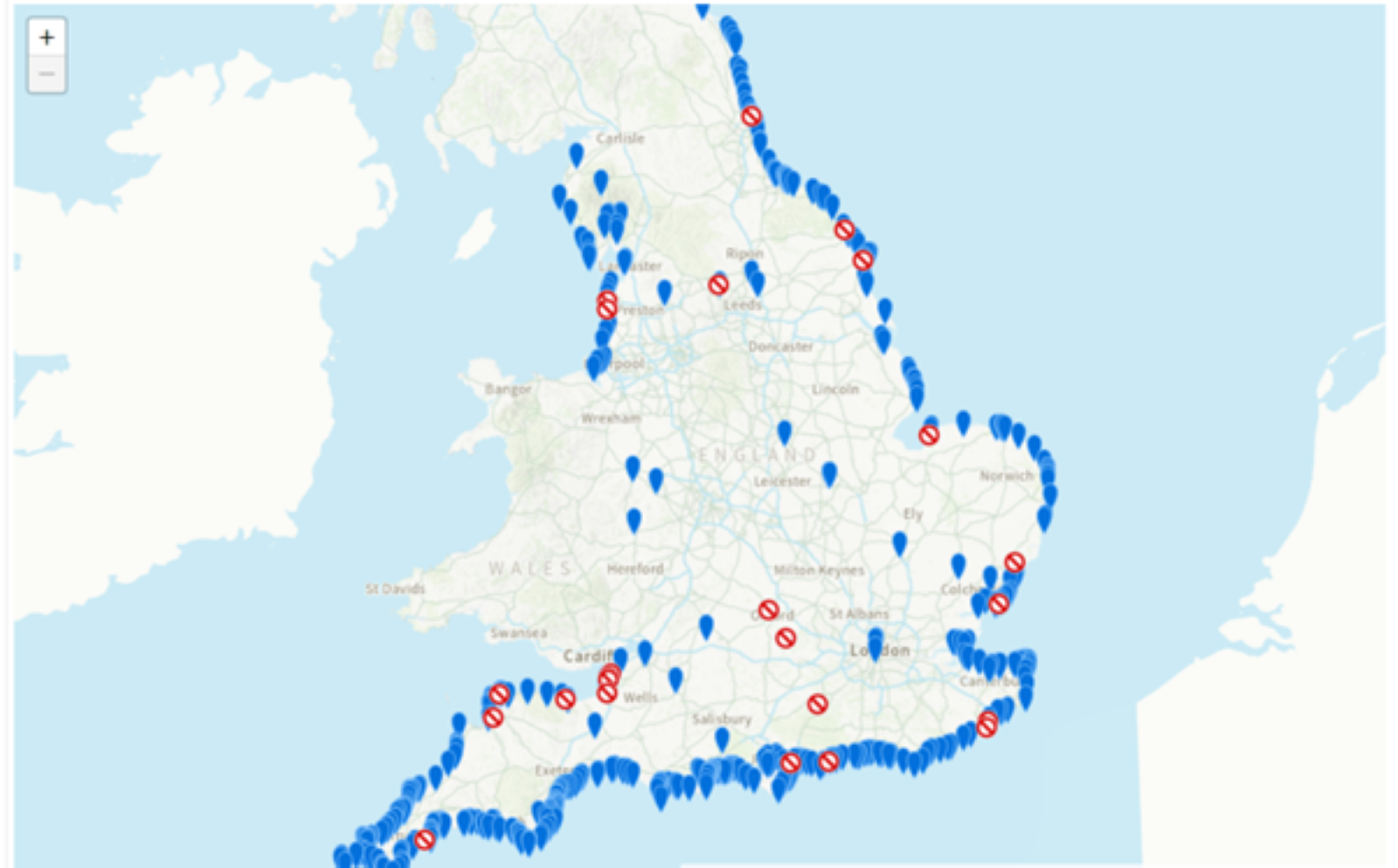 Map of the UK displaying blue markers for locations and red symbols indicating restricted areas along the coastline.