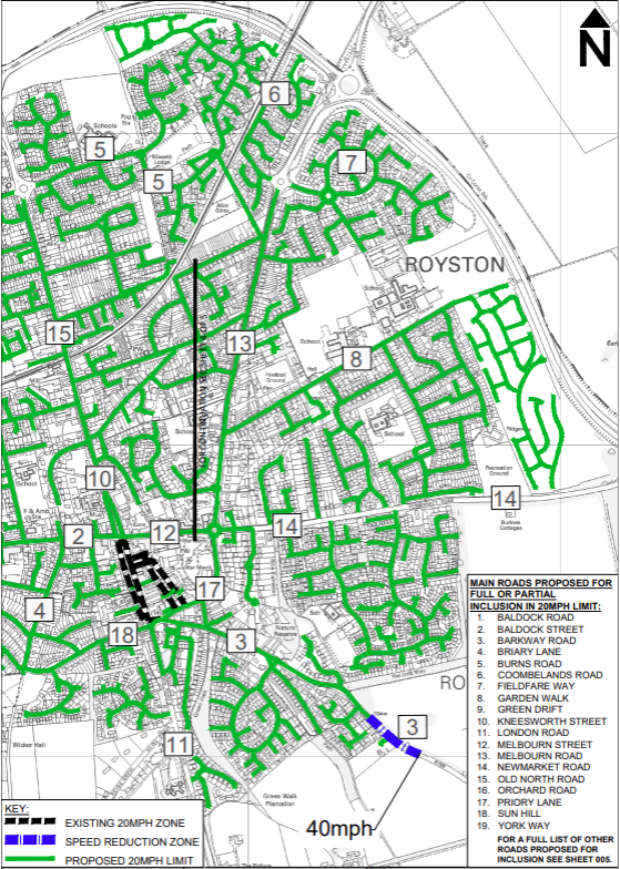 Map showing the 20mph speed limit proposal in east Royston 