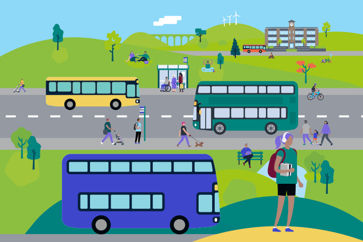 Colourful illustration showing people travelling along a street - including people walking, wheeling and cycling. Some people are waiting at the bus stops with buses travelling along the road.