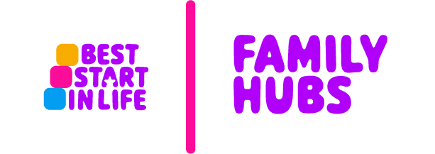 The words Best Start In Life and Family Hubs in purple text