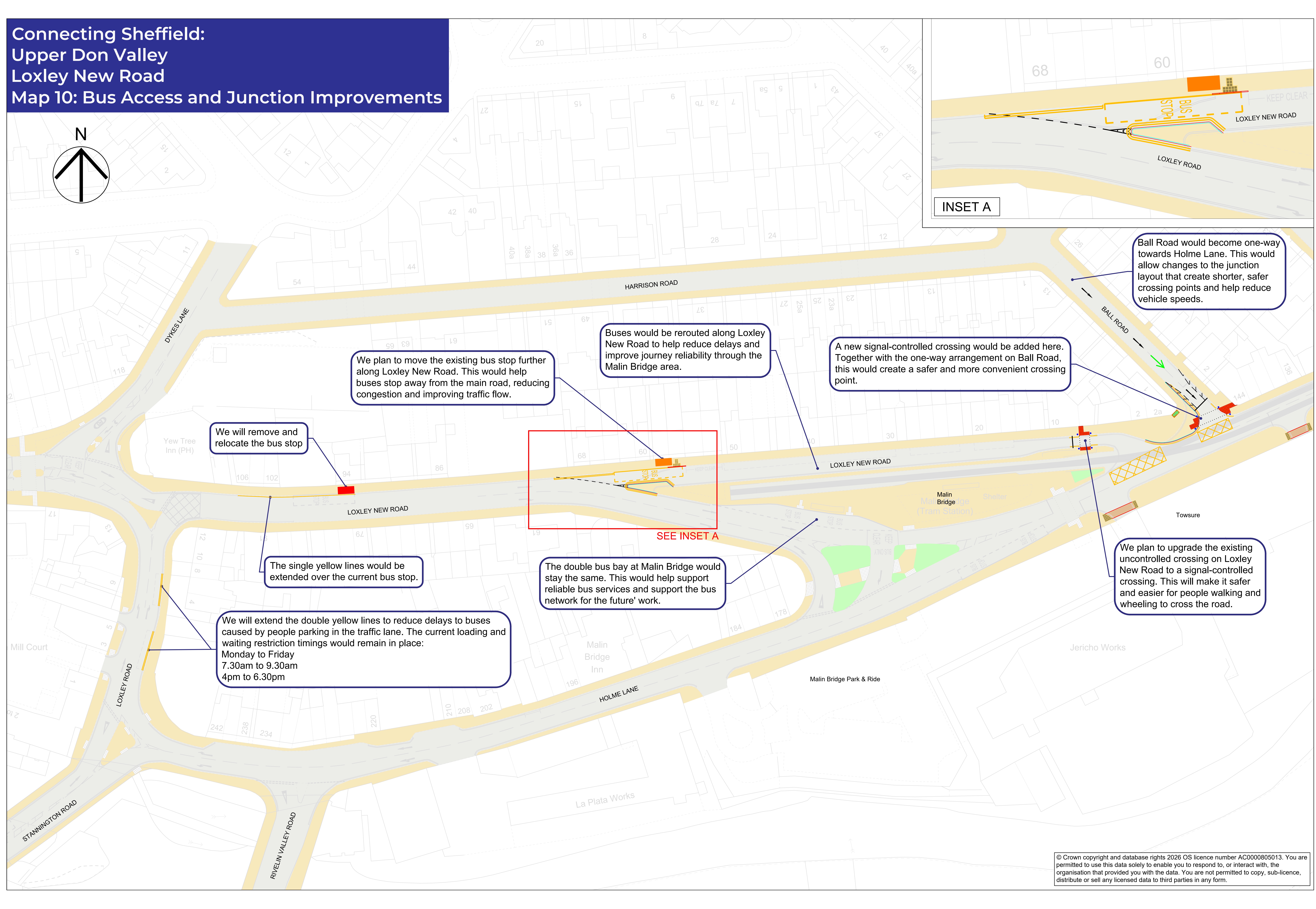 Map showing proposals for improvements at Holme Lane and Loxley New Road including bus and resident-only access route, improved bus priority and moving a bus stop to imrpove traffic flow