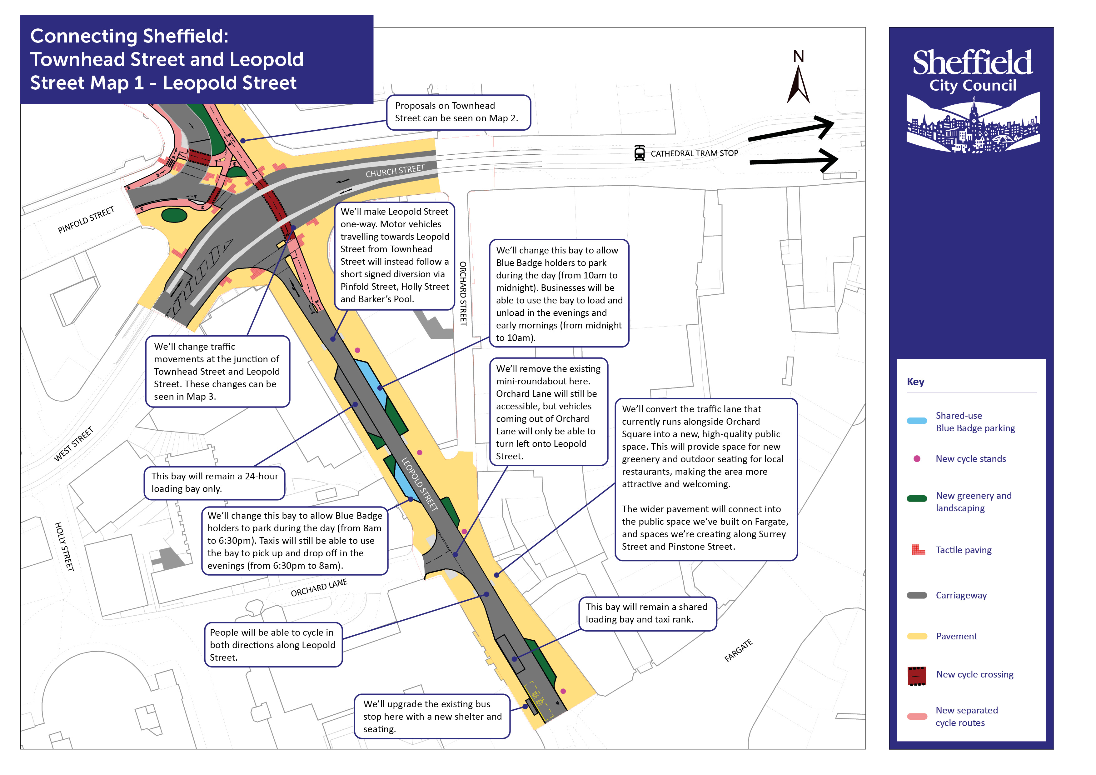 Map showing proposed changes at Leopold Street, and the junction of Townhead Street, Leopold Street, West Street and Church Street