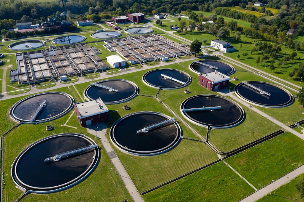 An aerial view of a sewage treatment works.
