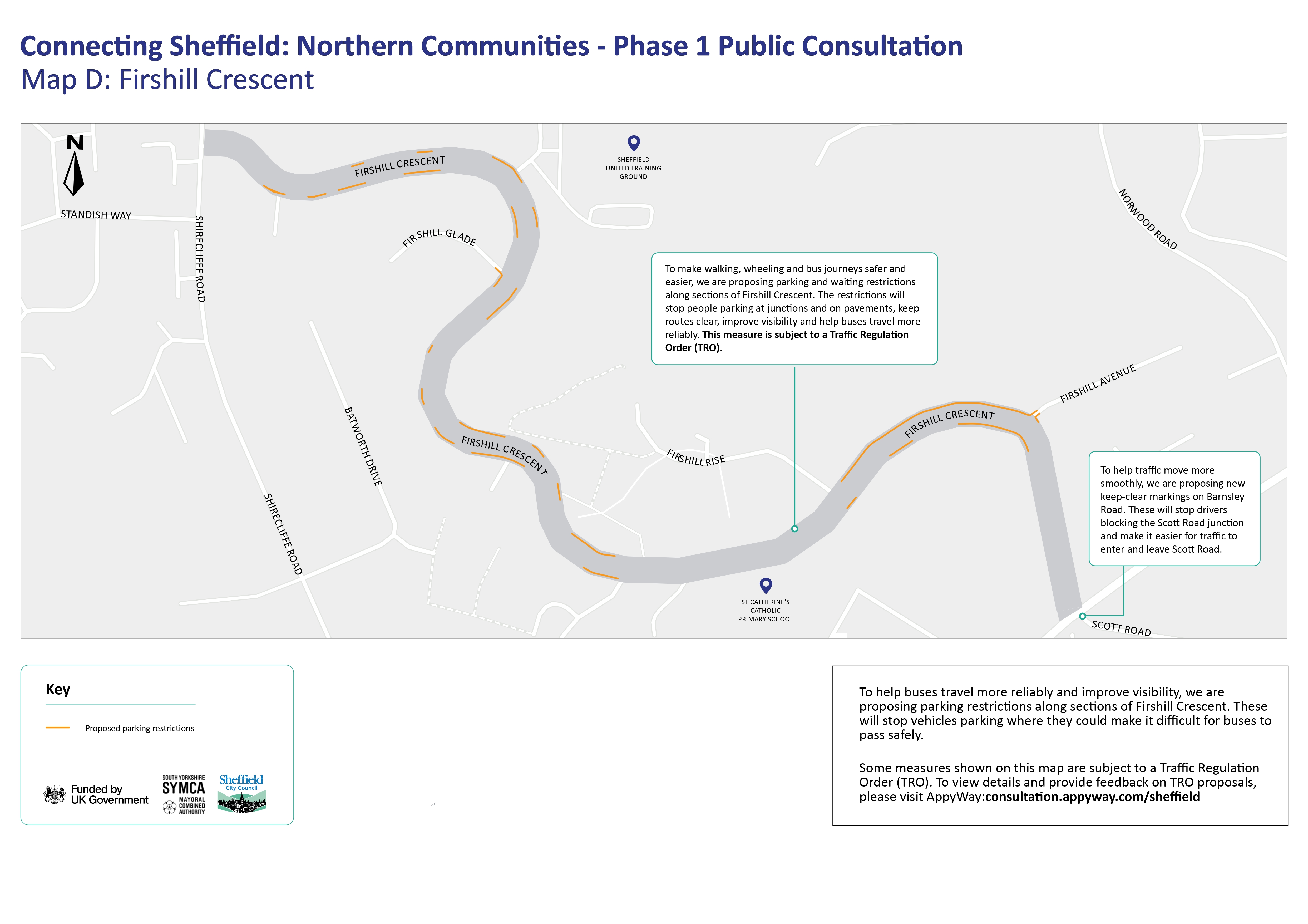 A map showing plans to introduce parking restrictions along sections of Firshill Crescent. to improve bus reliability and visibility. 