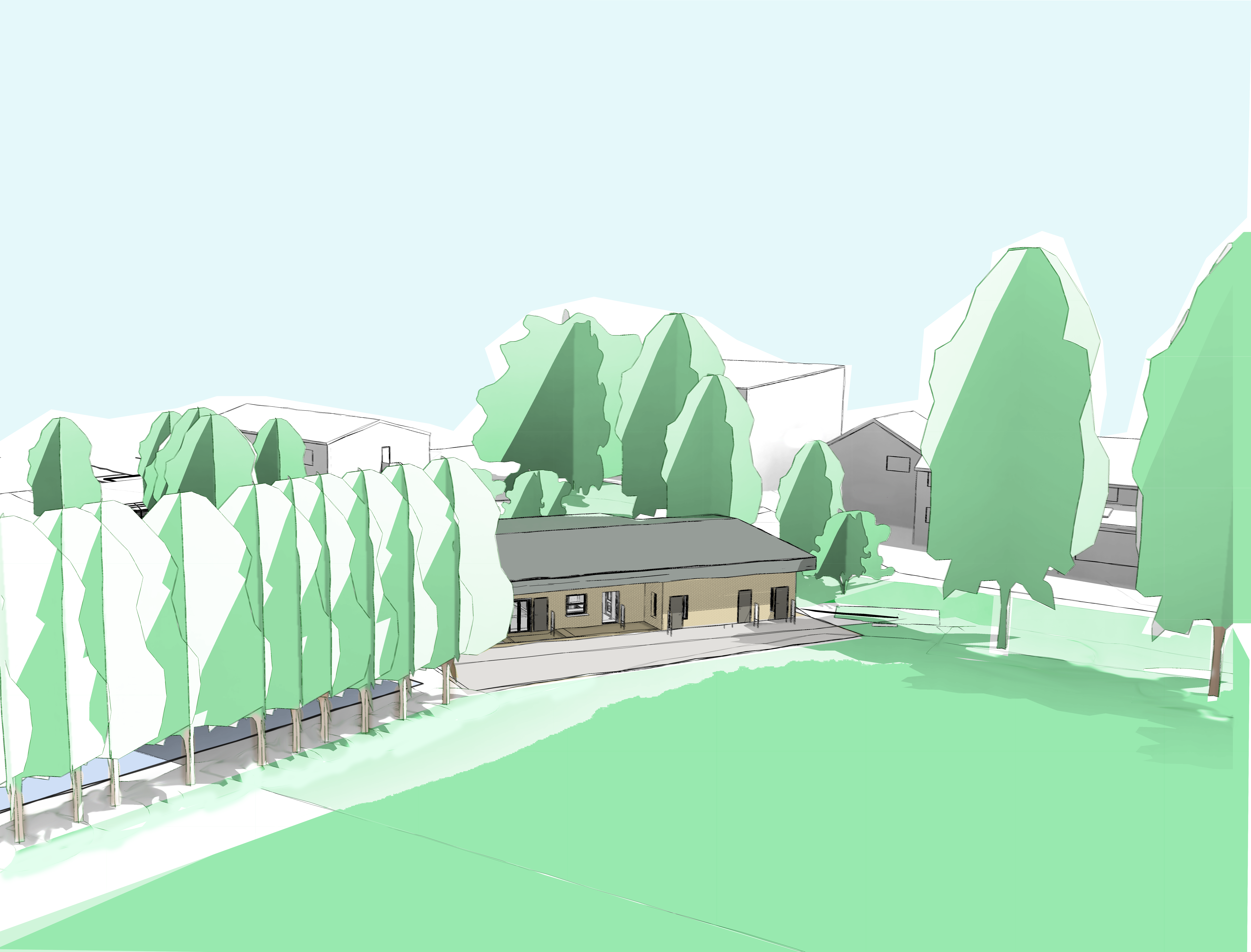 A sketch of the new building surrounded by trees